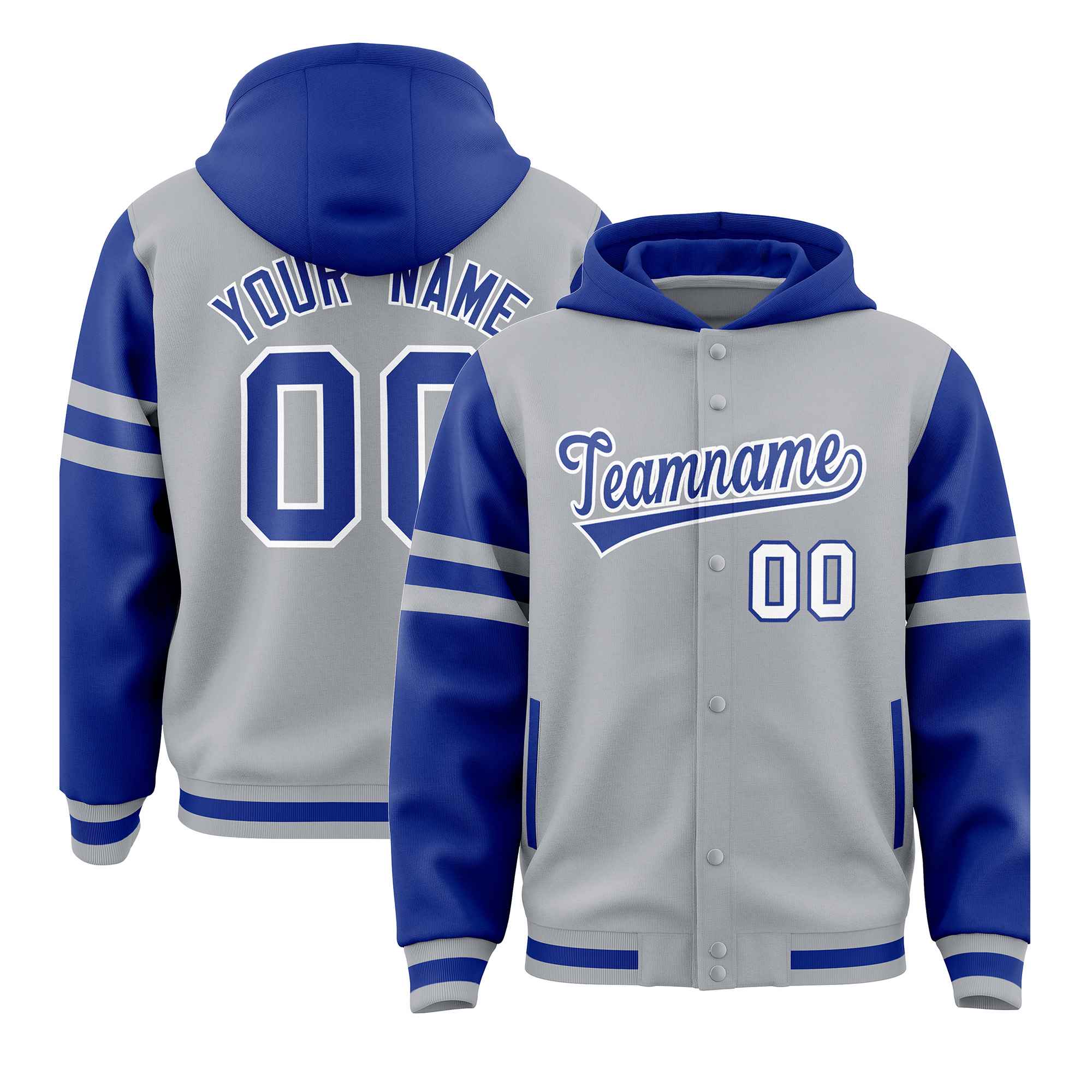 Custom Silver Royal Raglan Sleeves Varsity Full-Snap Letterman Three Stripes Jacket Hoodie| KXKSHOP