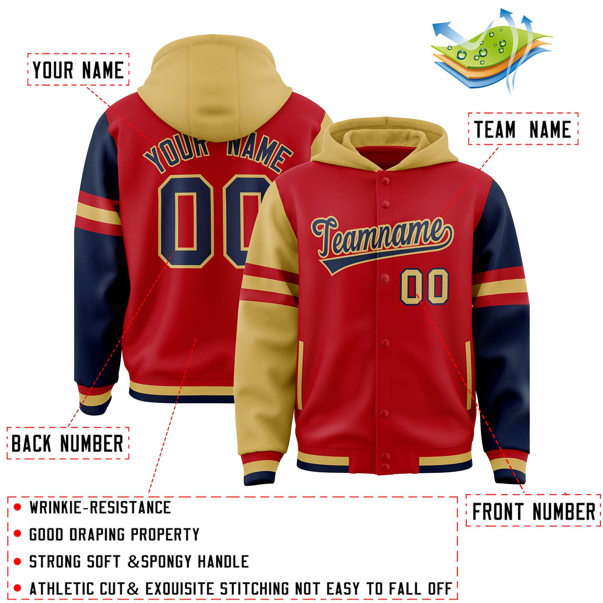 Custom Red Old Gold-Navy Raglan Sleeves Varsity Full-Snap Letterman Three Stripes Jacket Hoodie| KXKSHOP