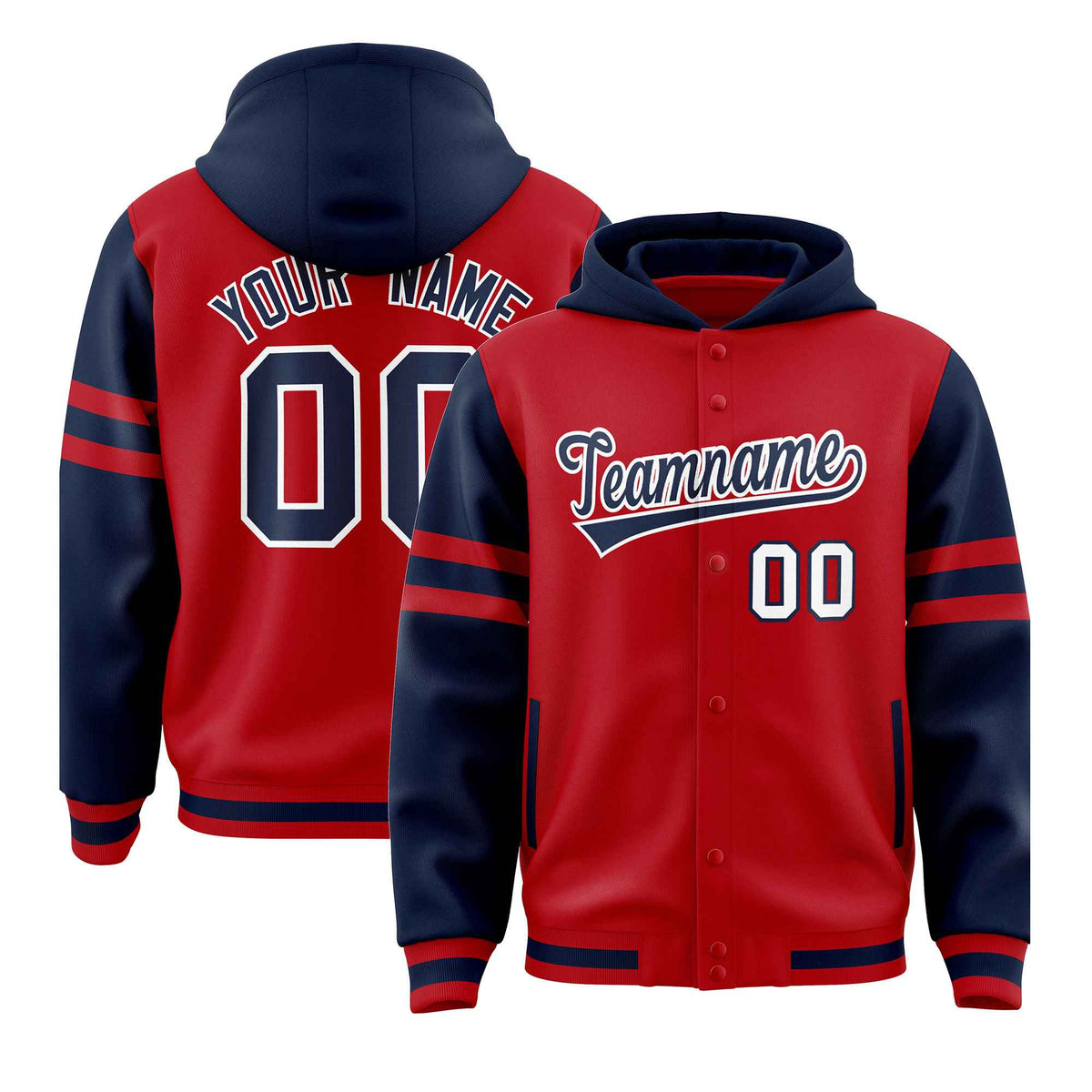 Custom Red Navy Raglan Sleeves Varsity Full-Snap Letterman Three Stripes Jacket Hoodie| KXKSHOP