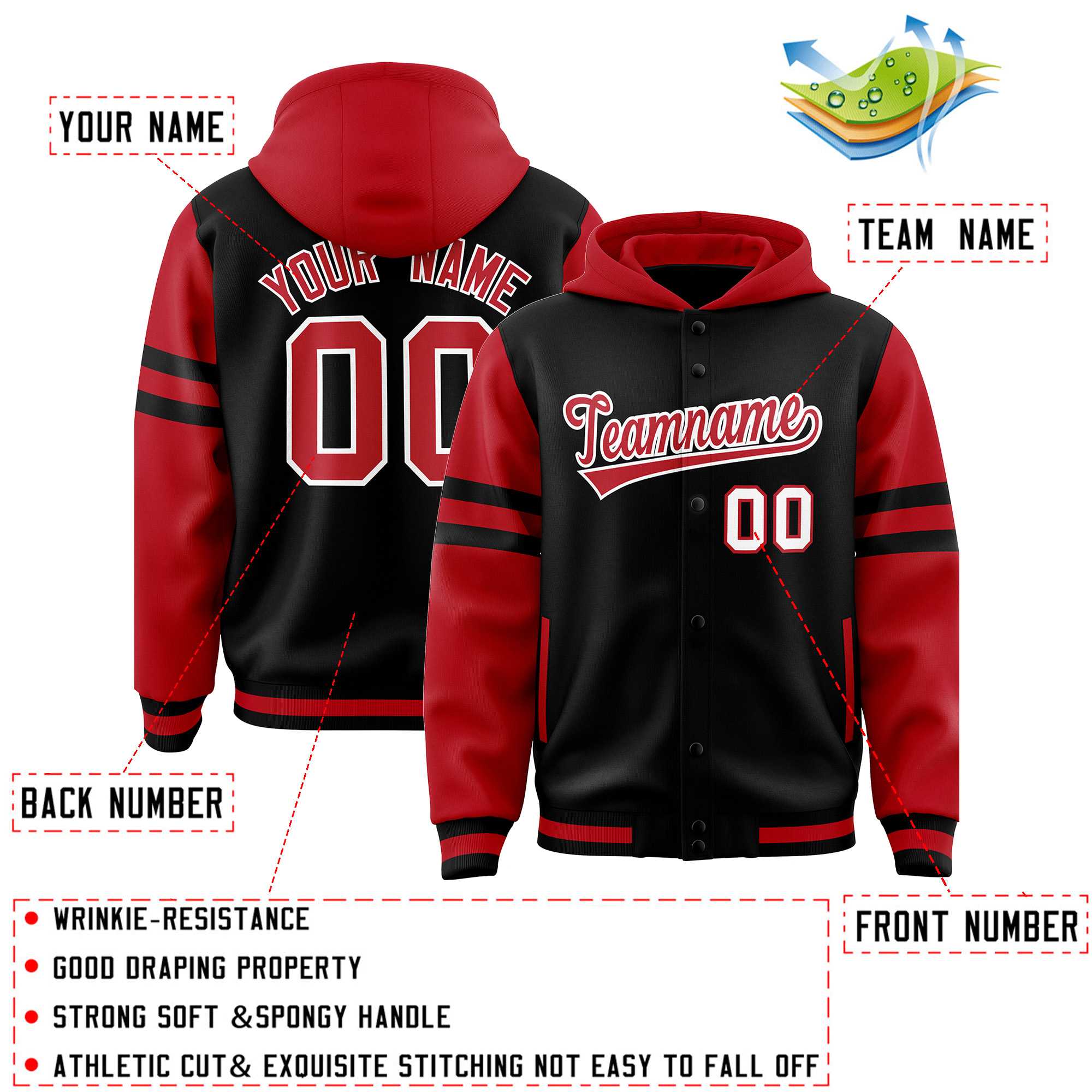 Custom Black Red Raglan Sleeves Varsity Full-Snap Letterman Three Stripes Jacket Hoodie| KXKSHOP