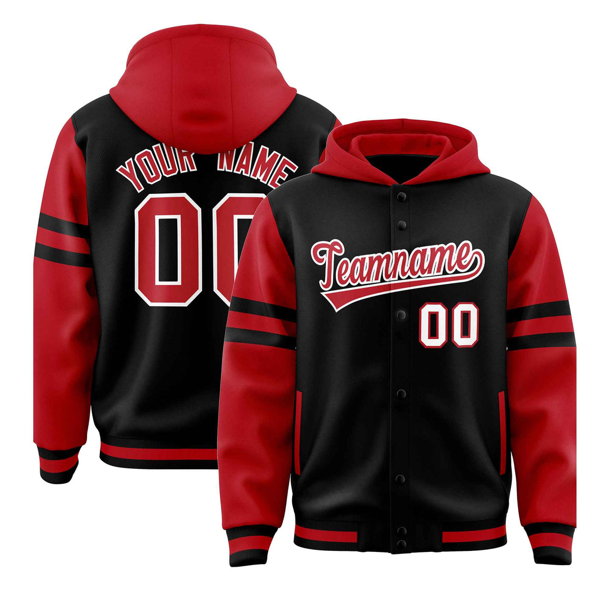 Custom Black Red Raglan Sleeves Varsity Full-Snap Letterman Three Stripes Jacket Hoodie| KXKSHOP