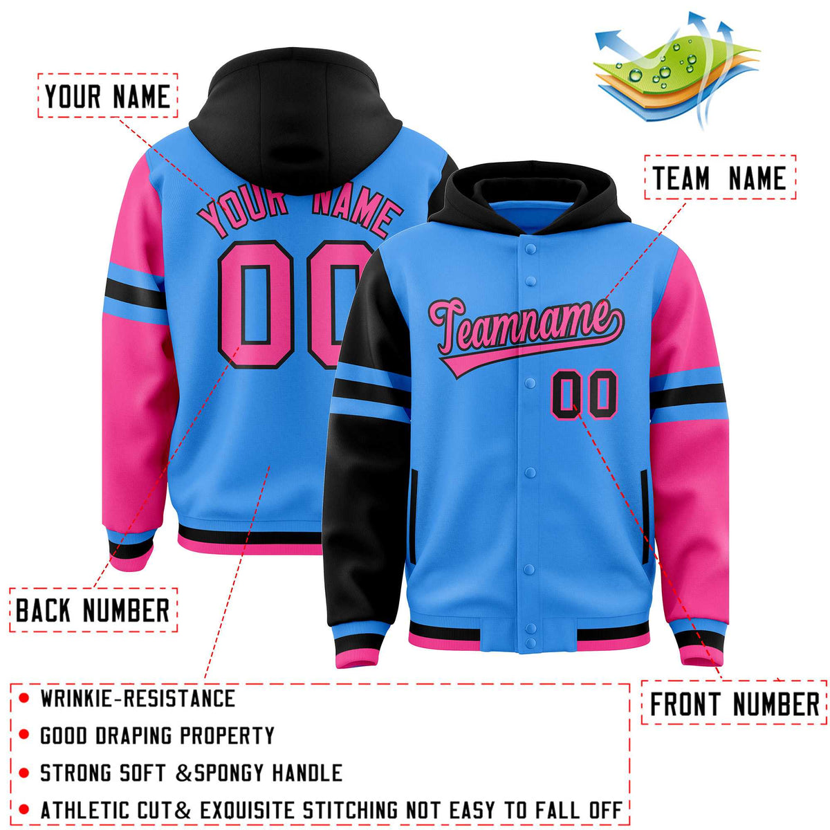 Custom Powder Blue Black-Pink Raglan Sleeves Varsity Full-Snap Letterman Three Stripes Jacket Hoodie| KXKSHOP