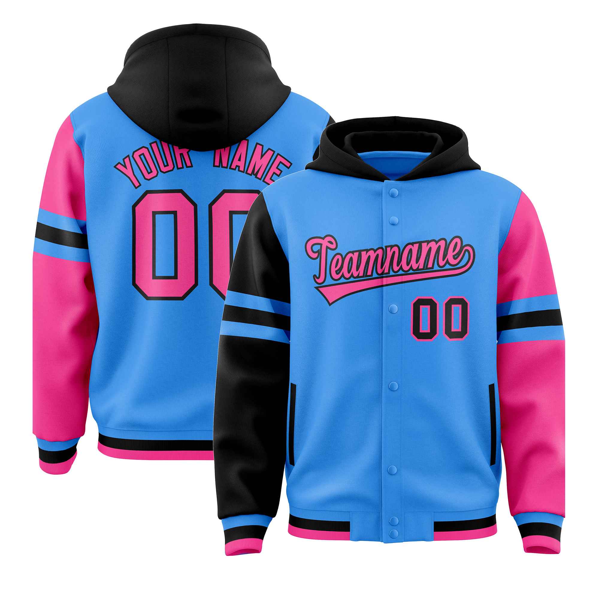 Custom Powder Blue Black-Pink Raglan Sleeves Varsity Full-Snap Letterman Three Stripes Jacket Hoodie| KXKSHOP