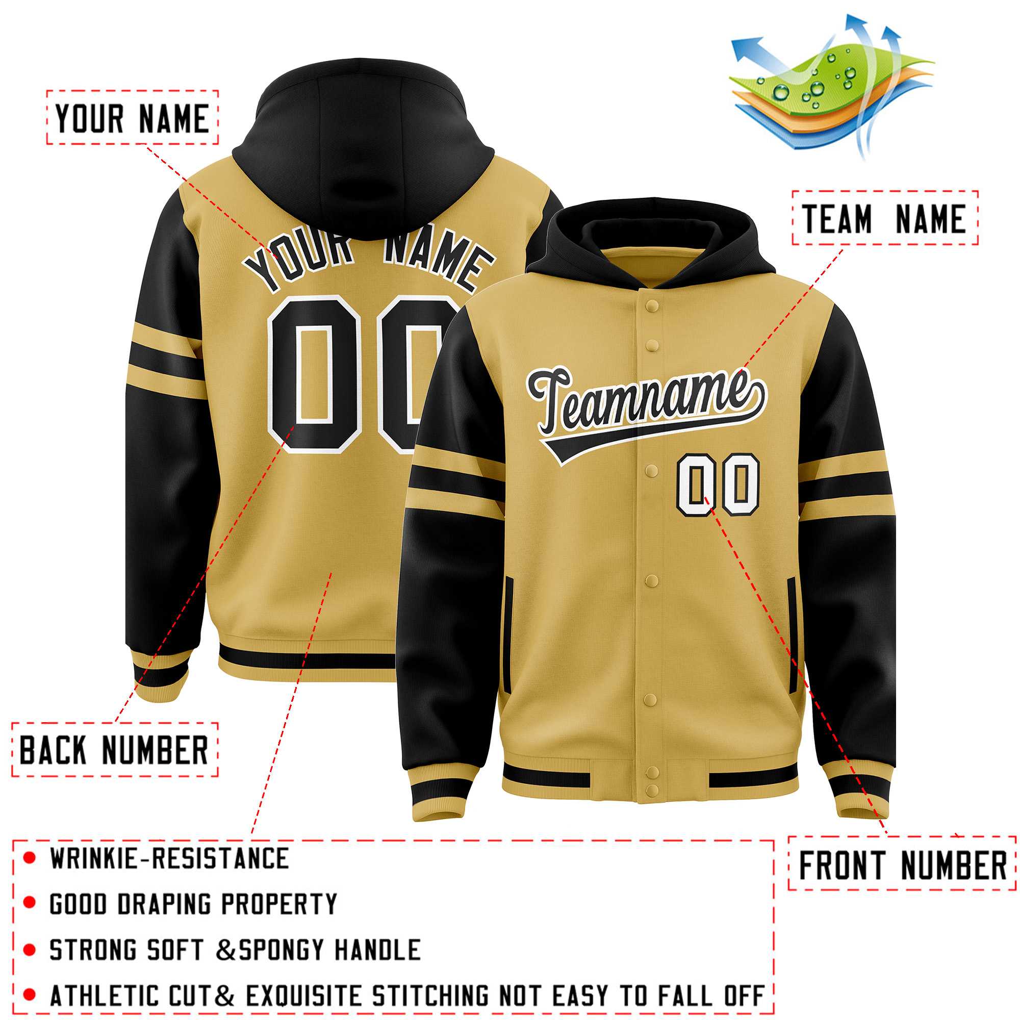 Custom Old Gold Black Raglan Sleeves Varsity Full-Snap Letterman Three Stripes Jacket Hoodie| KXKSHOP