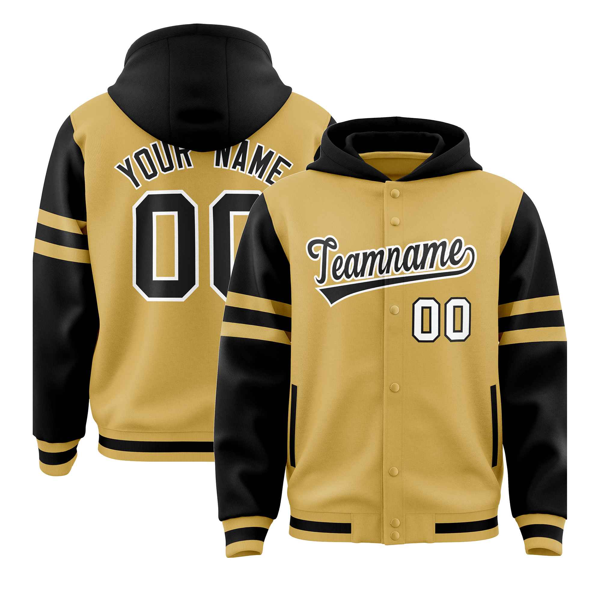 Custom Old Gold Black Raglan Sleeves Varsity Full-Snap Letterman Three Stripes Jacket Hoodie| KXKSHOP