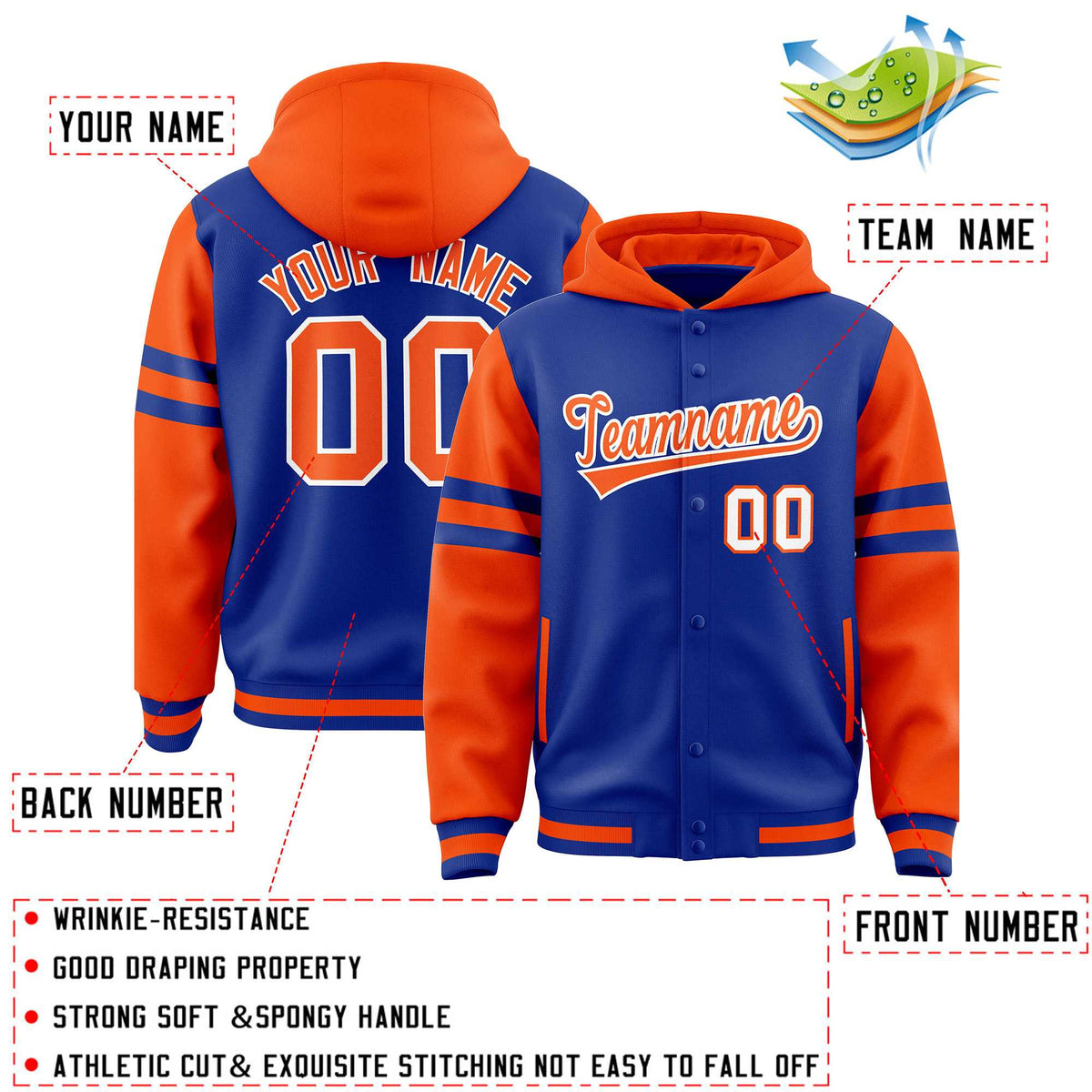 Custom Royal Orange Raglan Sleeves Varsity Full-Snap Letterman Three Stripes Jacket Hoodie| KXKSHOP