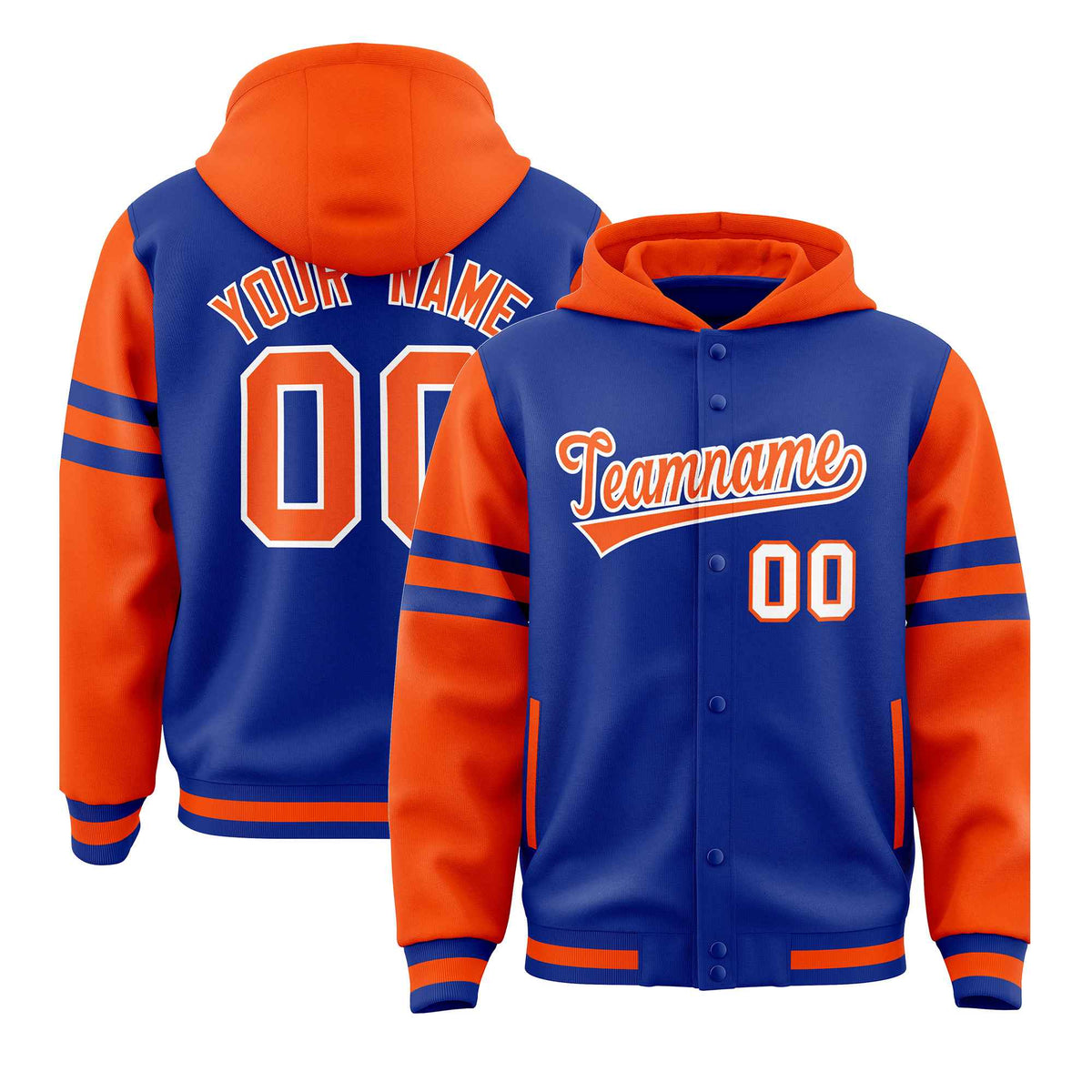 Custom Royal Orange Raglan Sleeves Varsity Full-Snap Letterman Three Stripes Jacket Hoodie| KXKSHOP