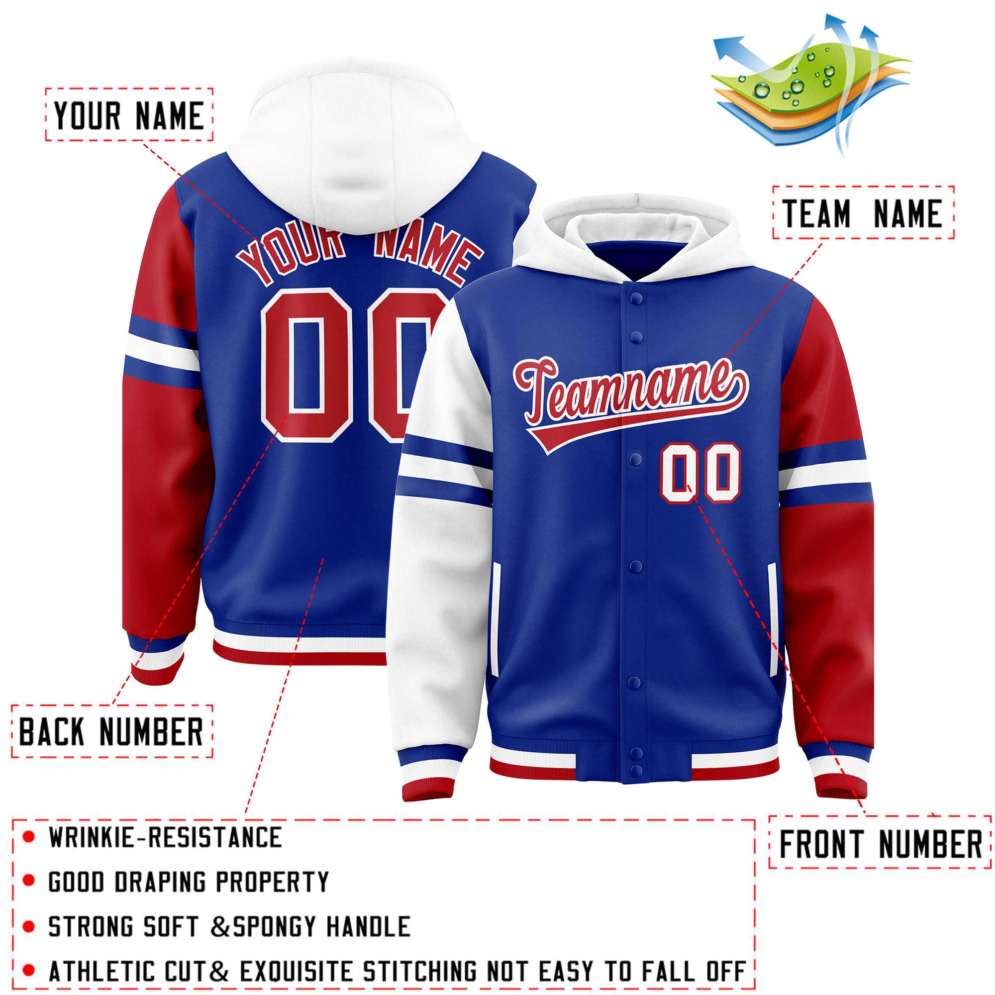 Custom Royal White-Red Raglan Sleeves Varsity Full-Snap Letterman Three Stripes Jacket Hoodie| KXKSHOP
