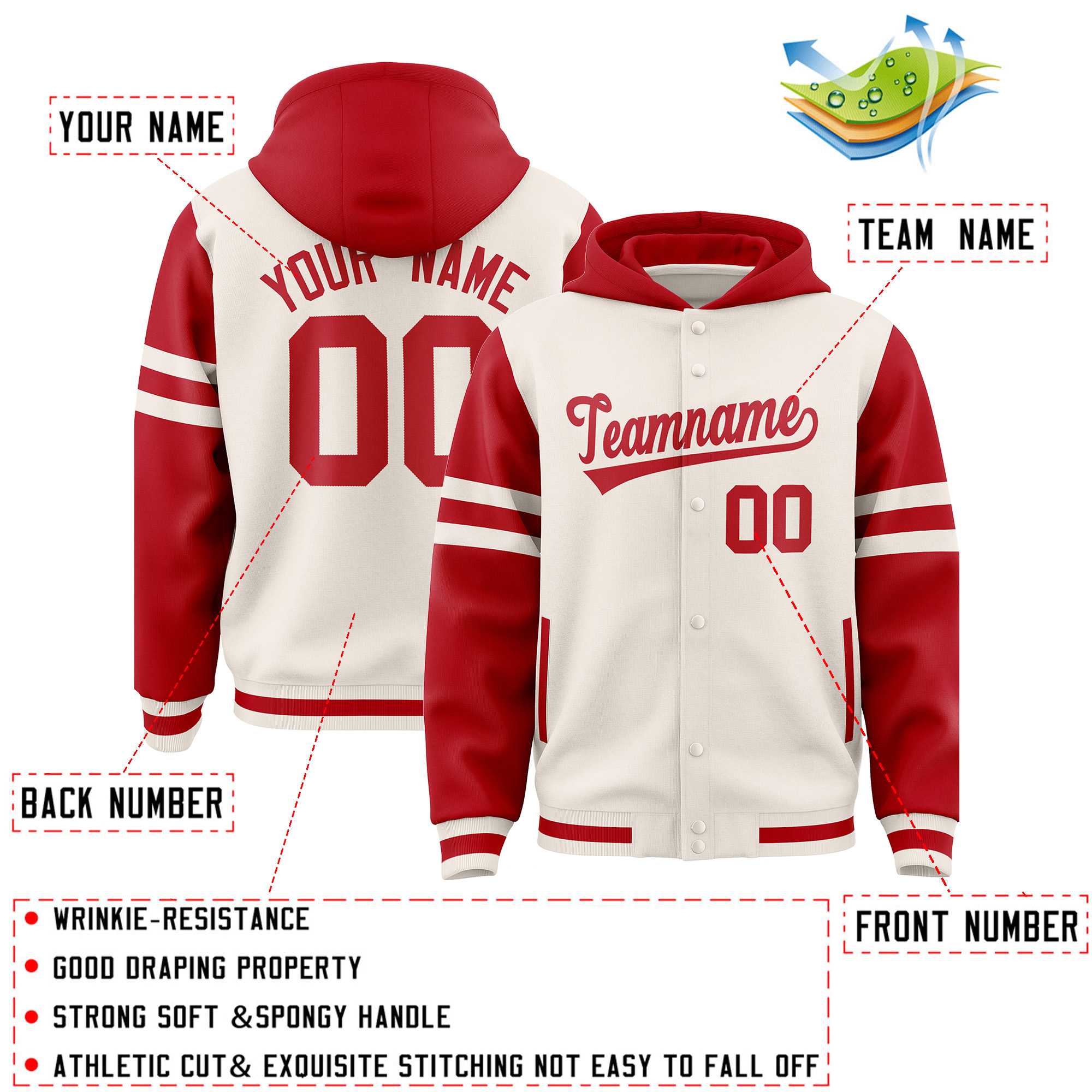 Custom Cream Red Raglan Sleeves Varsity Full-Snap Letterman Three Stripes Jacket Hoodie| KXKSHOP