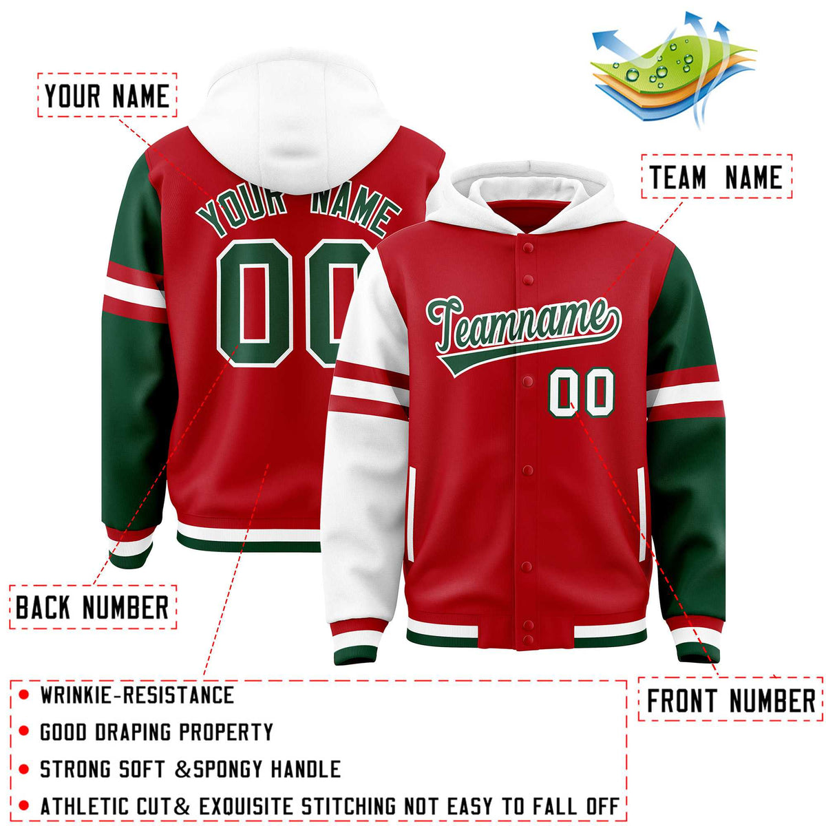 Custom Red White-Green Raglan Sleeves Varsity Full-Snap Letterman Three Stripes Jacket Hoodie| KXKSHOP