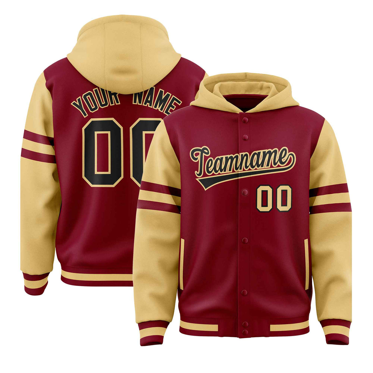 Custom Crimson Khaki Raglan Sleeves Varsity Full-Snap Letterman Three Stripes Jacket Hoodie| KXKSHOP