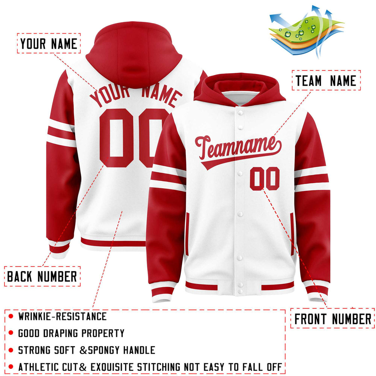 Custom White Red Raglan Sleeves Varsity Full-Snap Letterman Three Stripes Jacket Hoodie| KXKSHOP