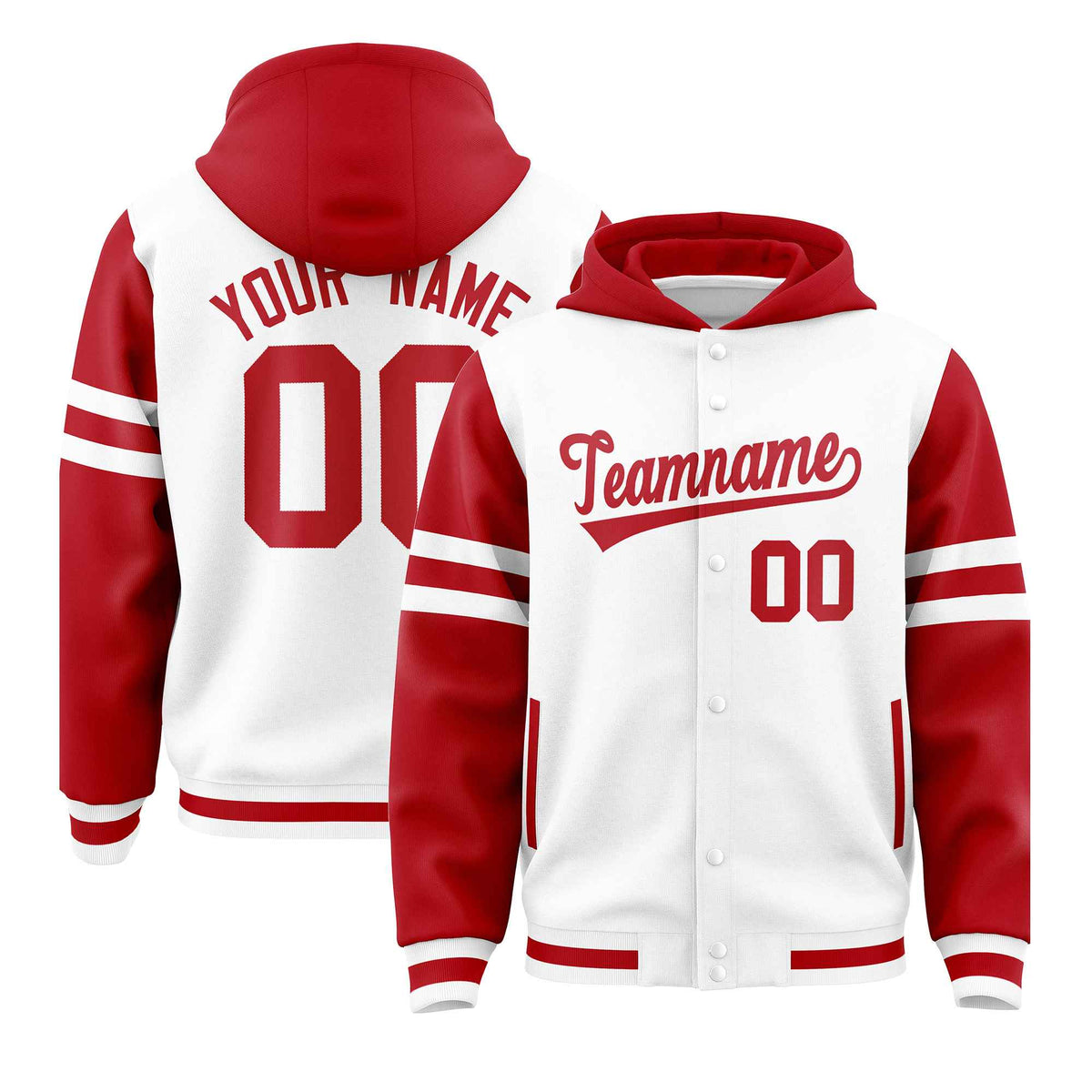Custom White Red Raglan Sleeves Varsity Full-Snap Letterman Three Stripes Jacket Hoodie| KXKSHOP
