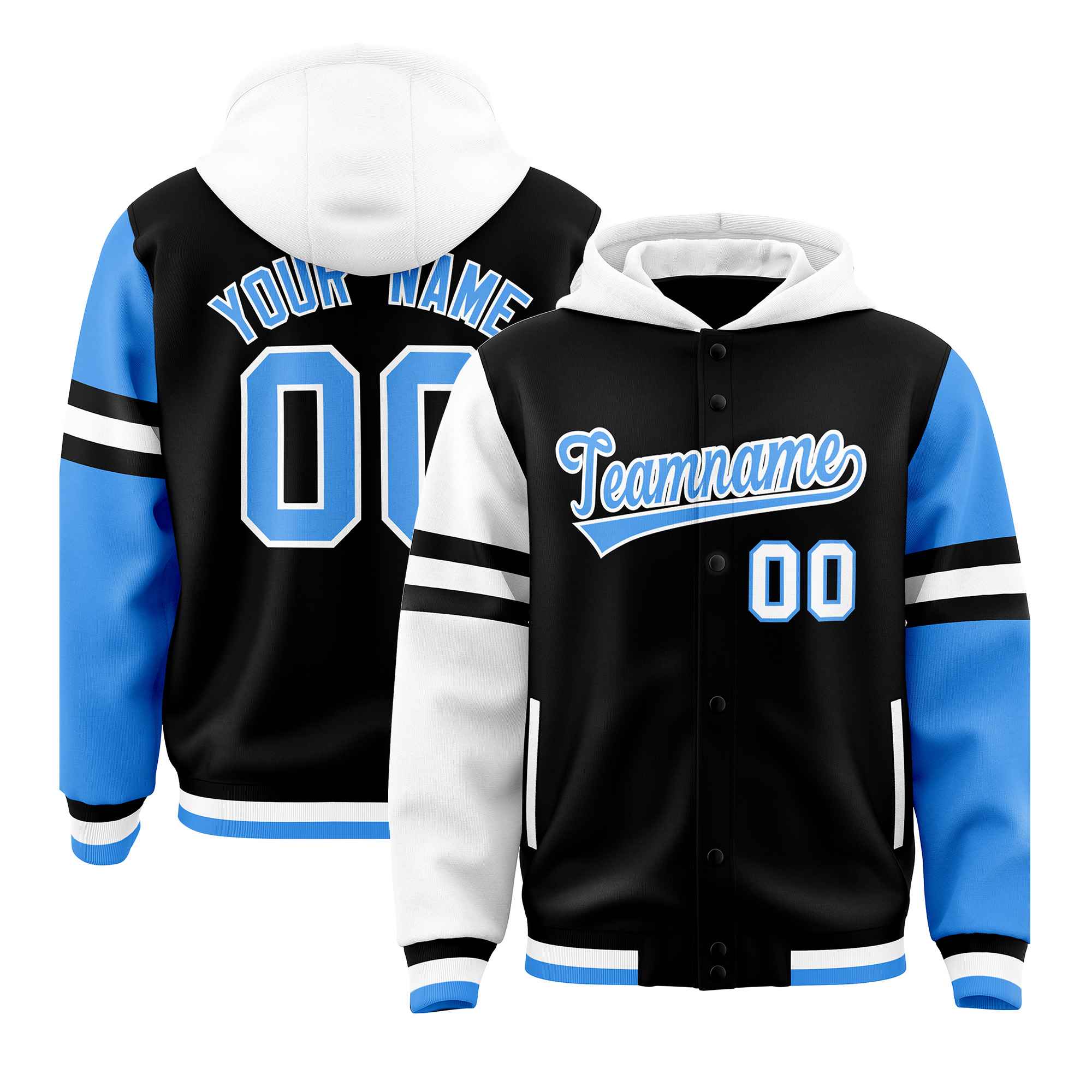 Custom Black White-Powder Blue Raglan Sleeves Varsity Full-Snap Letterman Three Stripes Jacket Hoodie| KXKSHOP