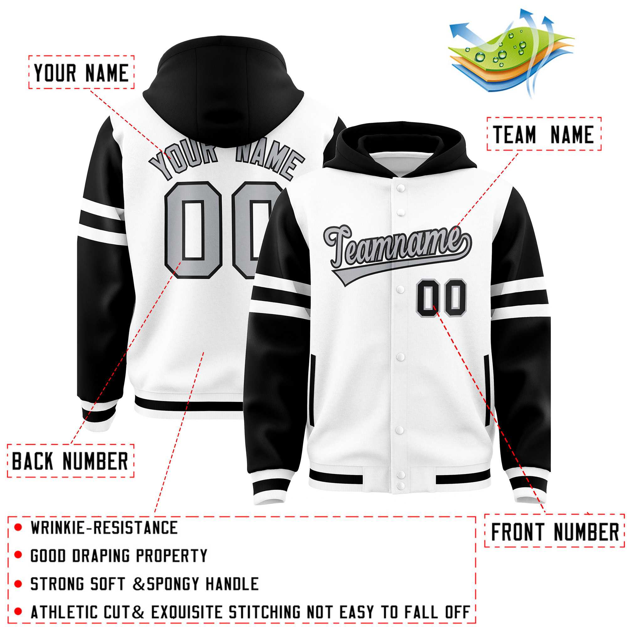 Custom White Black Raglan Sleeves Varsity Full-Snap Letterman Three Stripes Jacket Hoodie| KXKSHOP