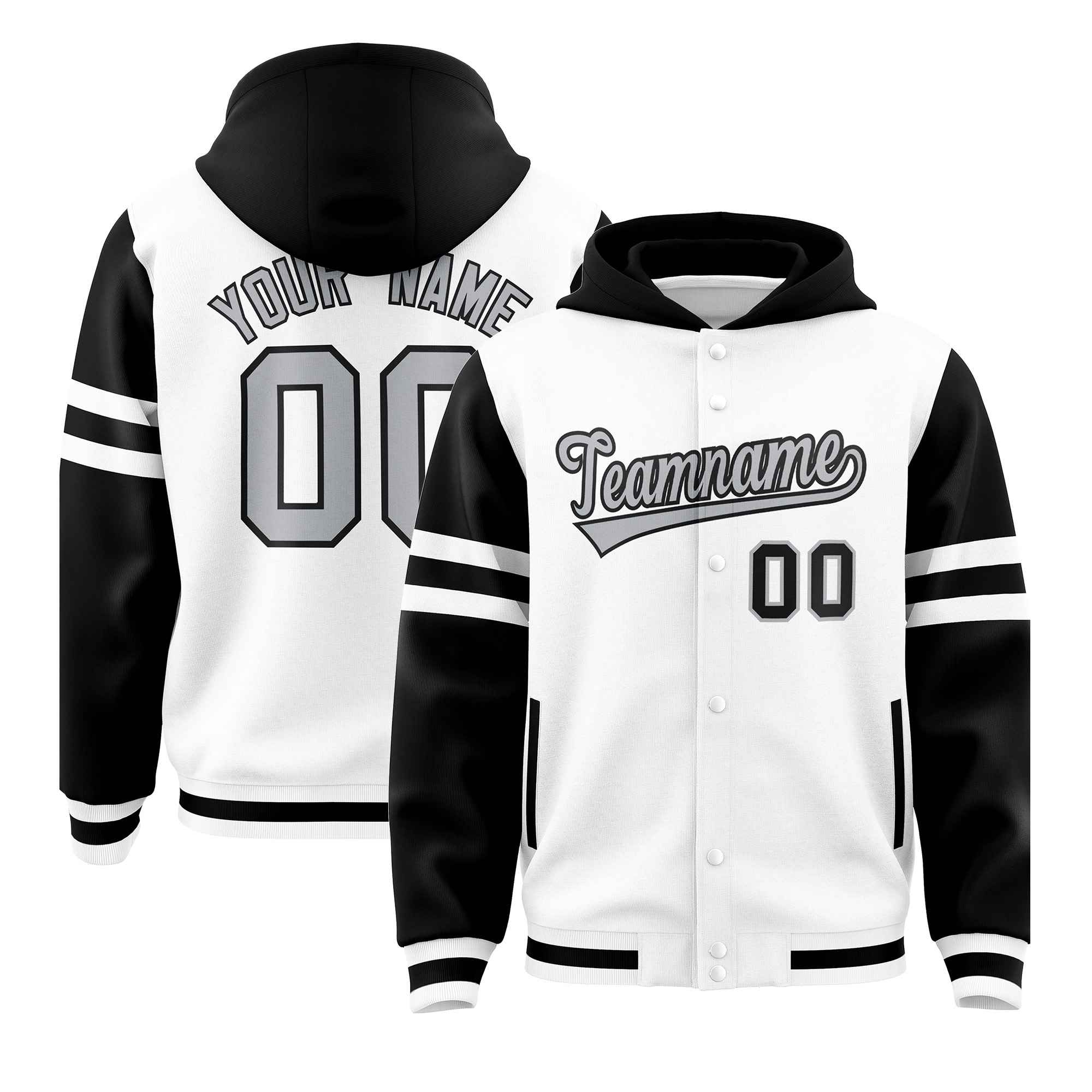 Custom White Black Raglan Sleeves Varsity Full-Snap Letterman Three Stripes Jacket Hoodie| KXKSHOP