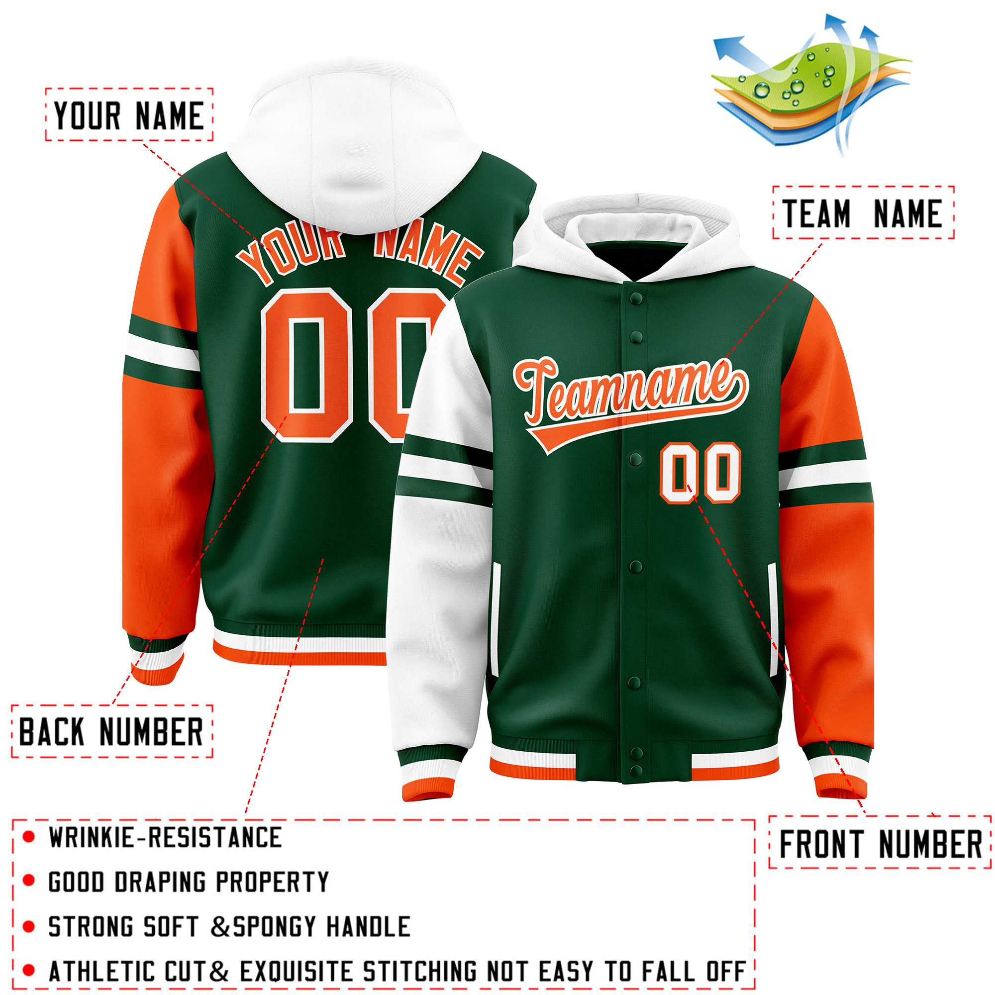 Custom Green White-Orange Raglan Sleeves Varsity Full-Snap Letterman Three Stripes Jacket Hoodie| KXKSHOP