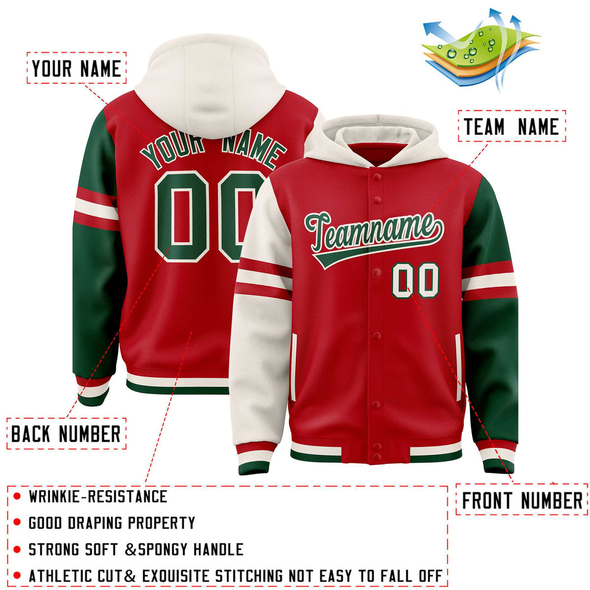 Custom Red Cream-Green Raglan Sleeves Varsity Full-Snap Letterman Three Stripes Jacket Hoodie| KXKSHOP