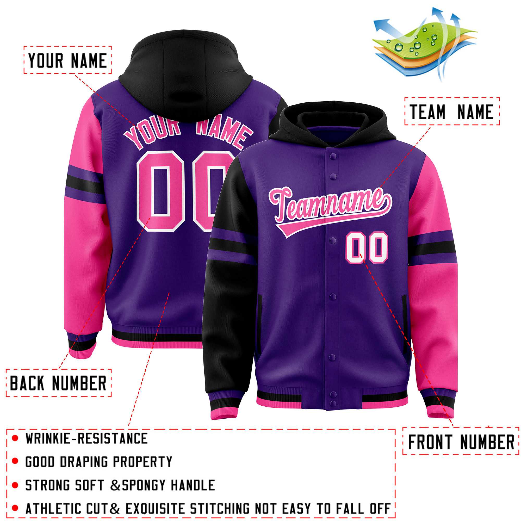 Custom Purple Black-Pink Raglan Sleeves Varsity Full-Snap Letterman Three Stripes Jacket Hoodie| KXKSHOP