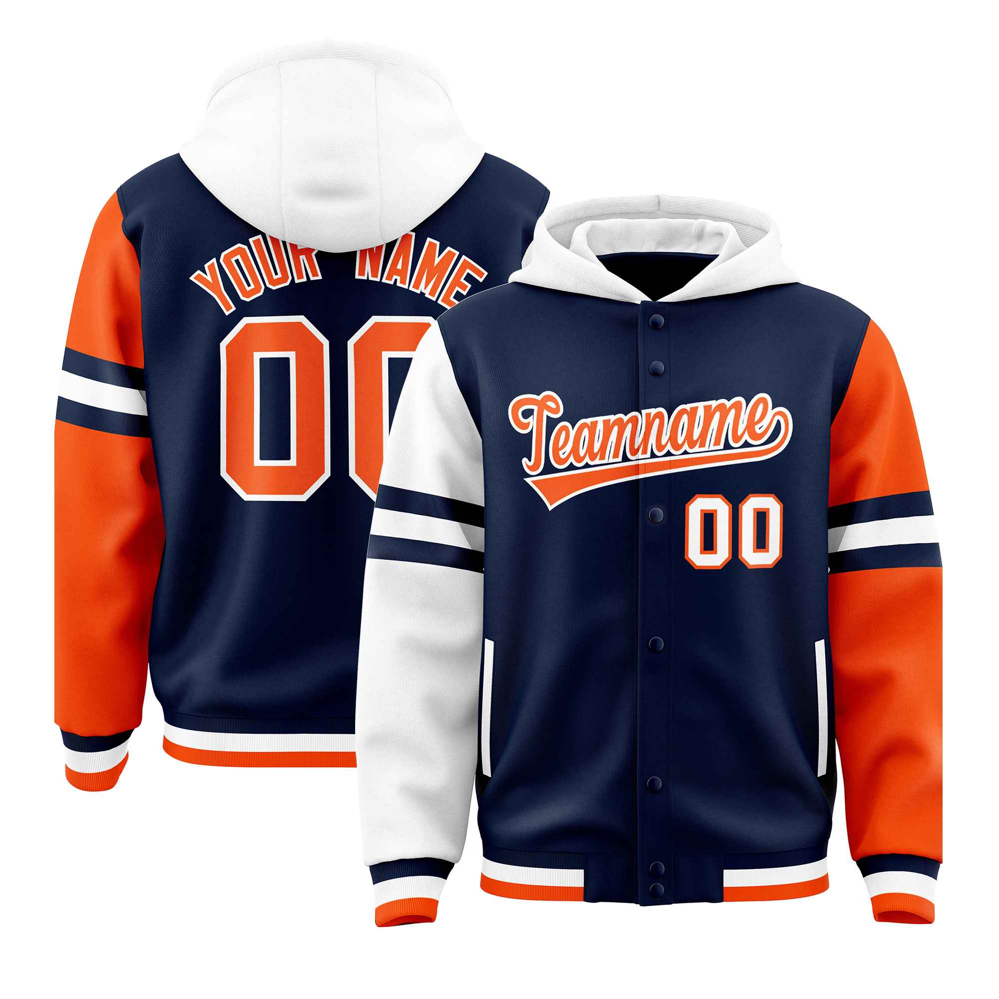 Custom Navy White-Orange Raglan Sleeves Varsity Full-Snap Letterman Three Stripes Jacket Hoodie| KXKSHOP