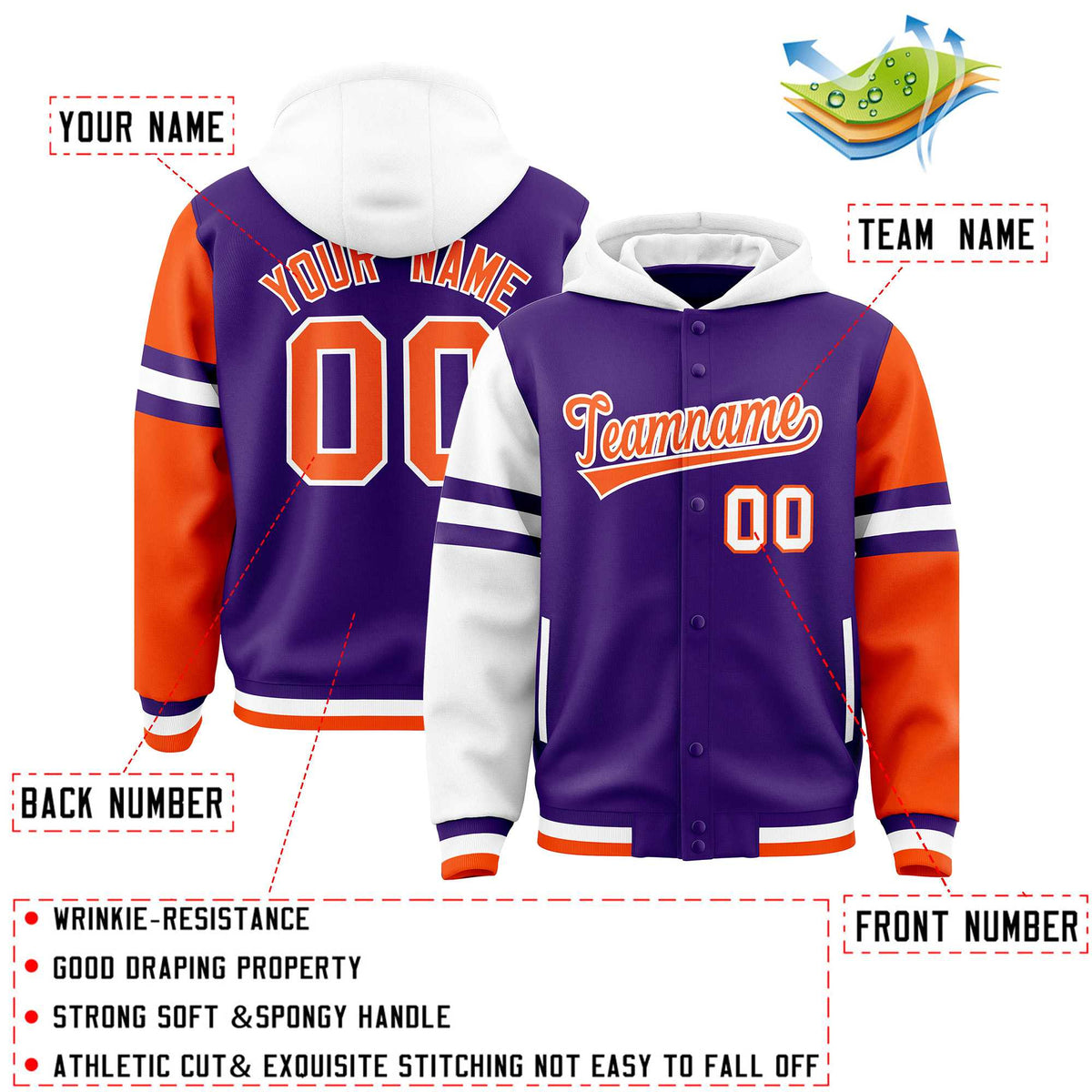 Custom Purple White-Orange Raglan Sleeves Varsity Full-Snap Letterman Three Stripes Jacket Hoodie| KXKSHOP