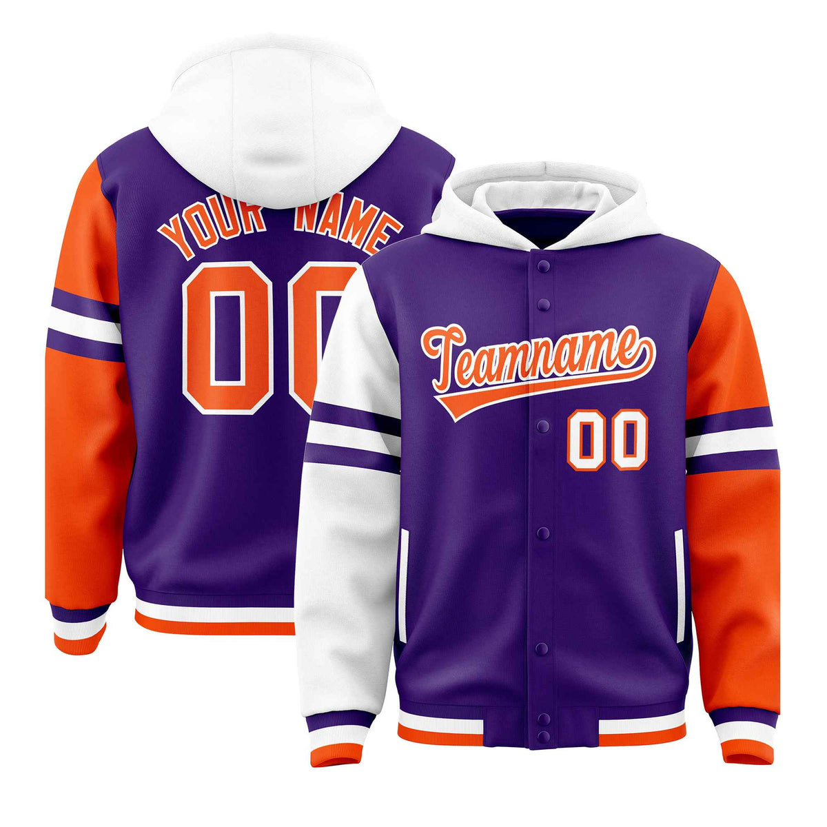 Custom Purple White-Orange Raglan Sleeves Varsity Full-Snap Letterman Three Stripes Jacket Hoodie| KXKSHOP