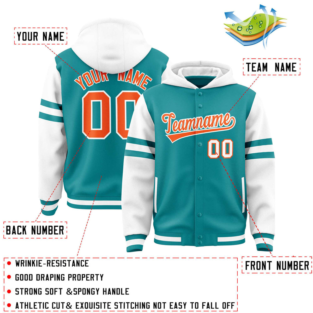 Custom Aqua White Raglan Sleeves Varsity Full-Snap Letterman Three Stripes Jacket Hoodie| KXKSHOP