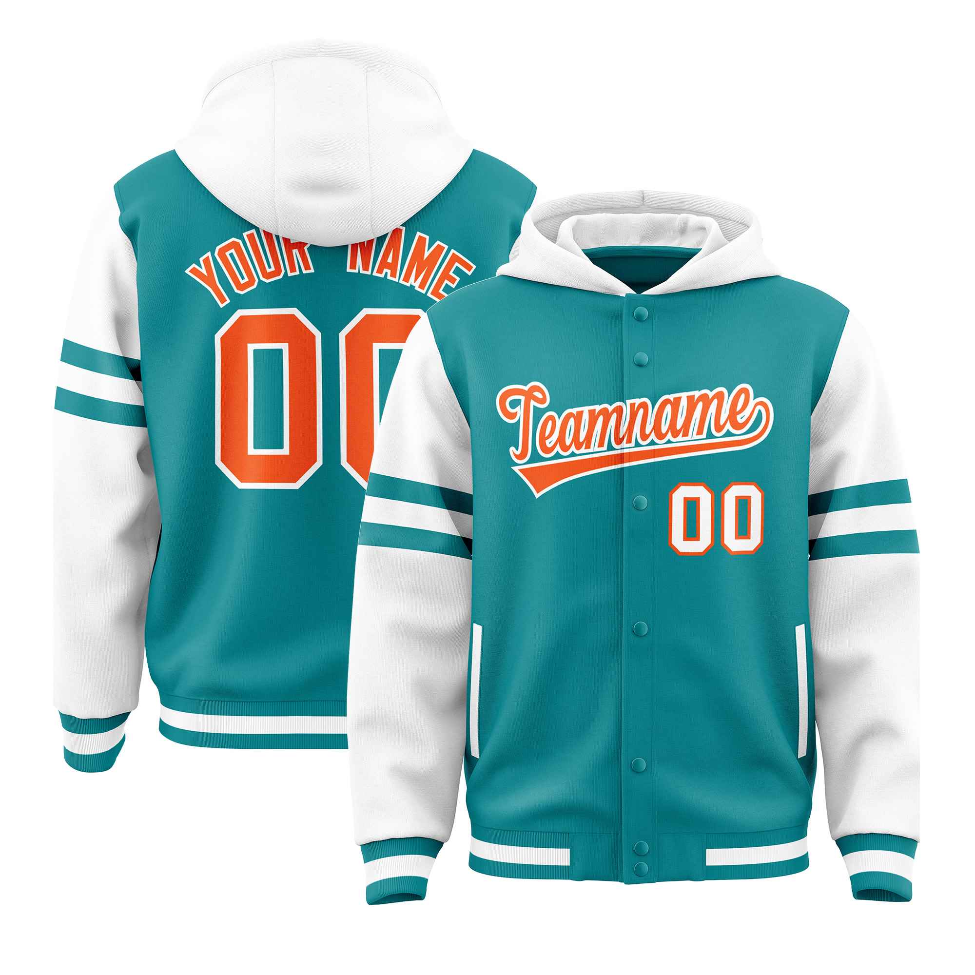 Custom Aqua White Raglan Sleeves Varsity Full-Snap Letterman Three Stripes Jacket Hoodie| KXKSHOP