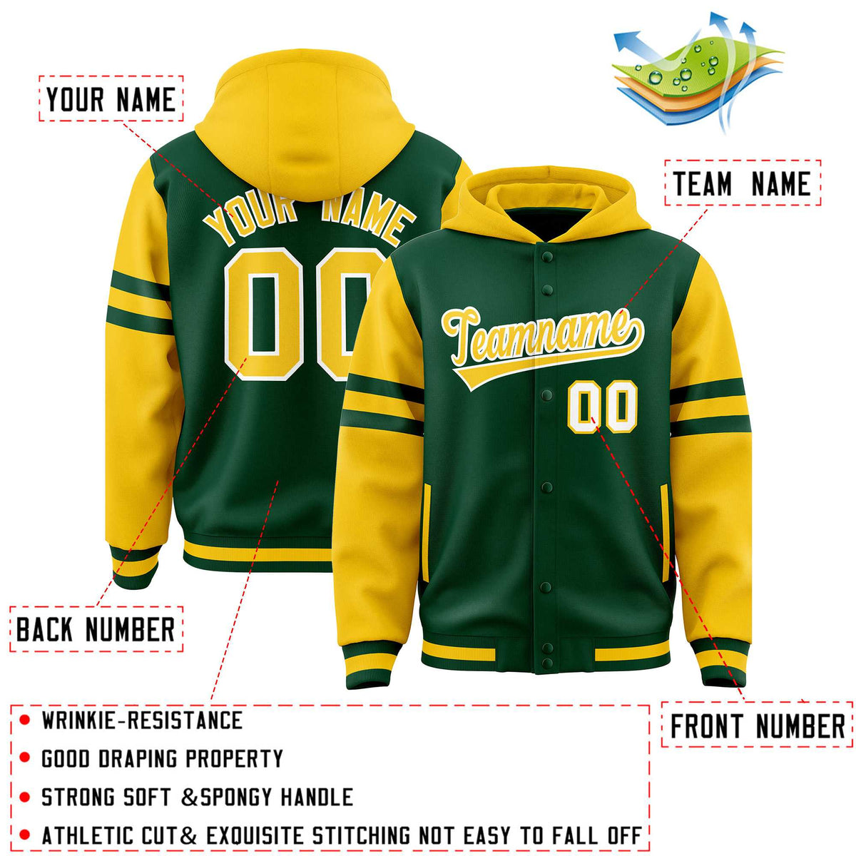 Custom Green Gold Raglan Sleeves Varsity Full-Snap Letterman Three Stripes Jacket Hoodie| KXKSHOP