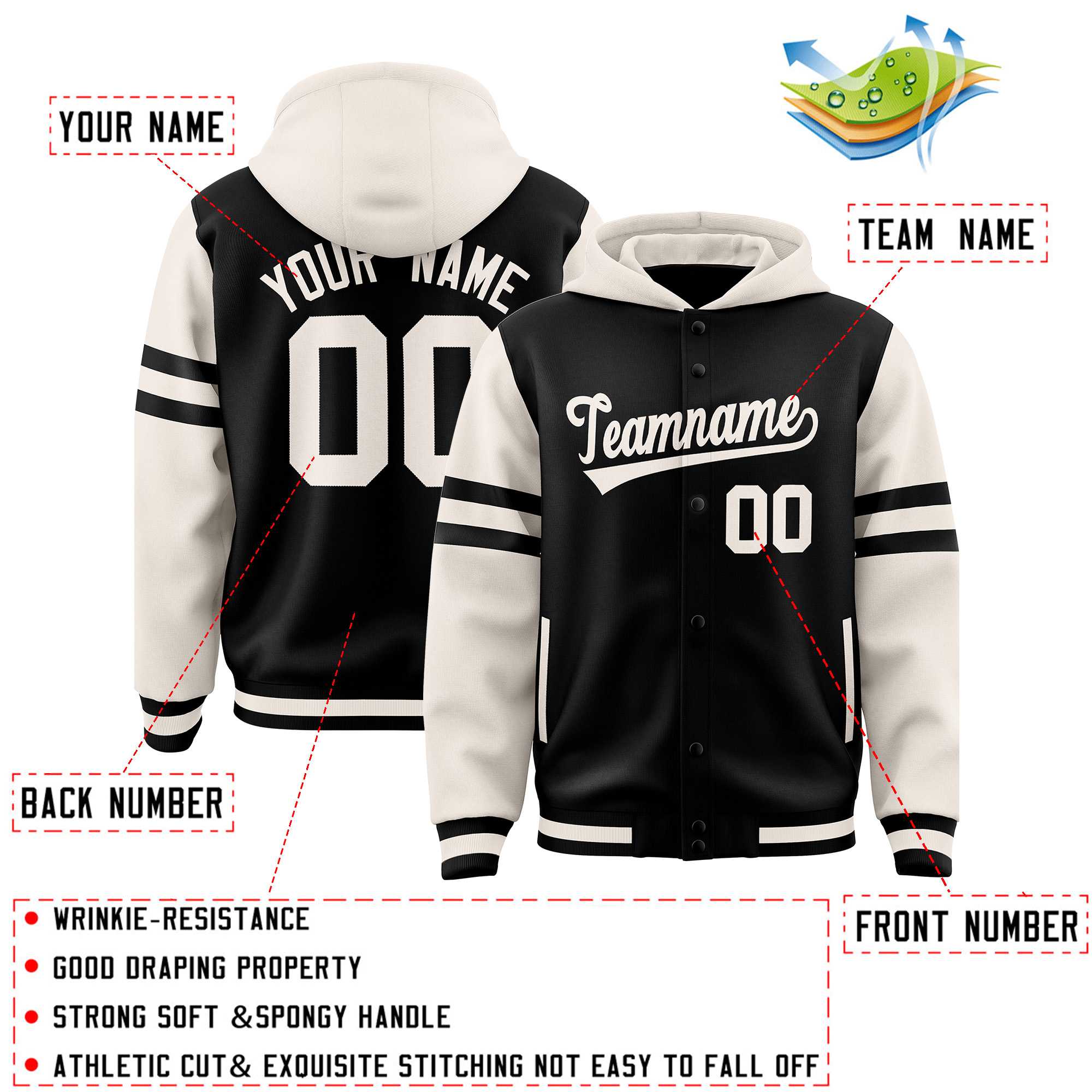 Custom Black Cream Raglan Sleeves Varsity Full-Snap Letterman Three Stripes Jacket Hoodie| KXKSHOP