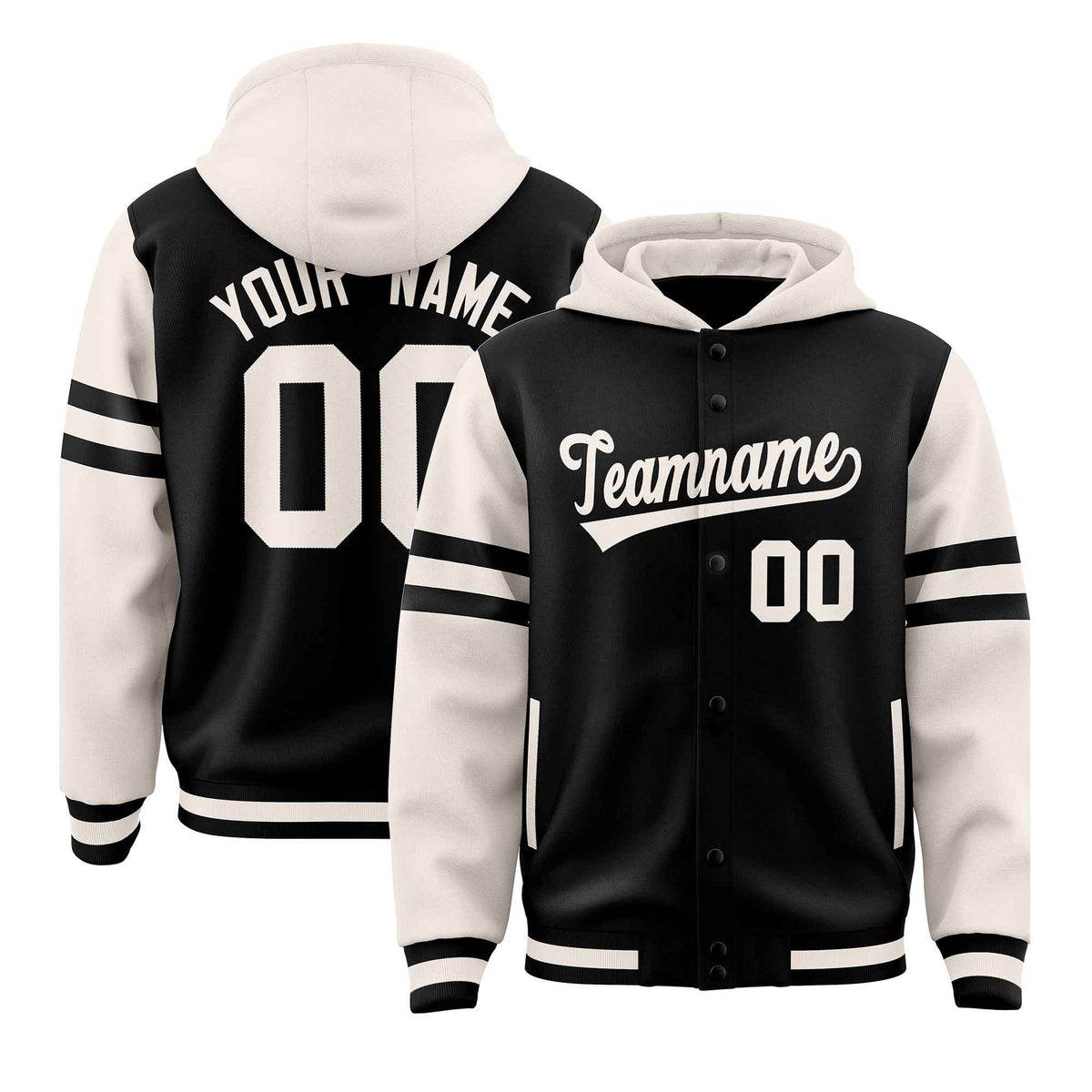Custom Black Cream Raglan Sleeves Varsity Full-Snap Letterman Three Stripes Jacket Hoodie| KXKSHOP