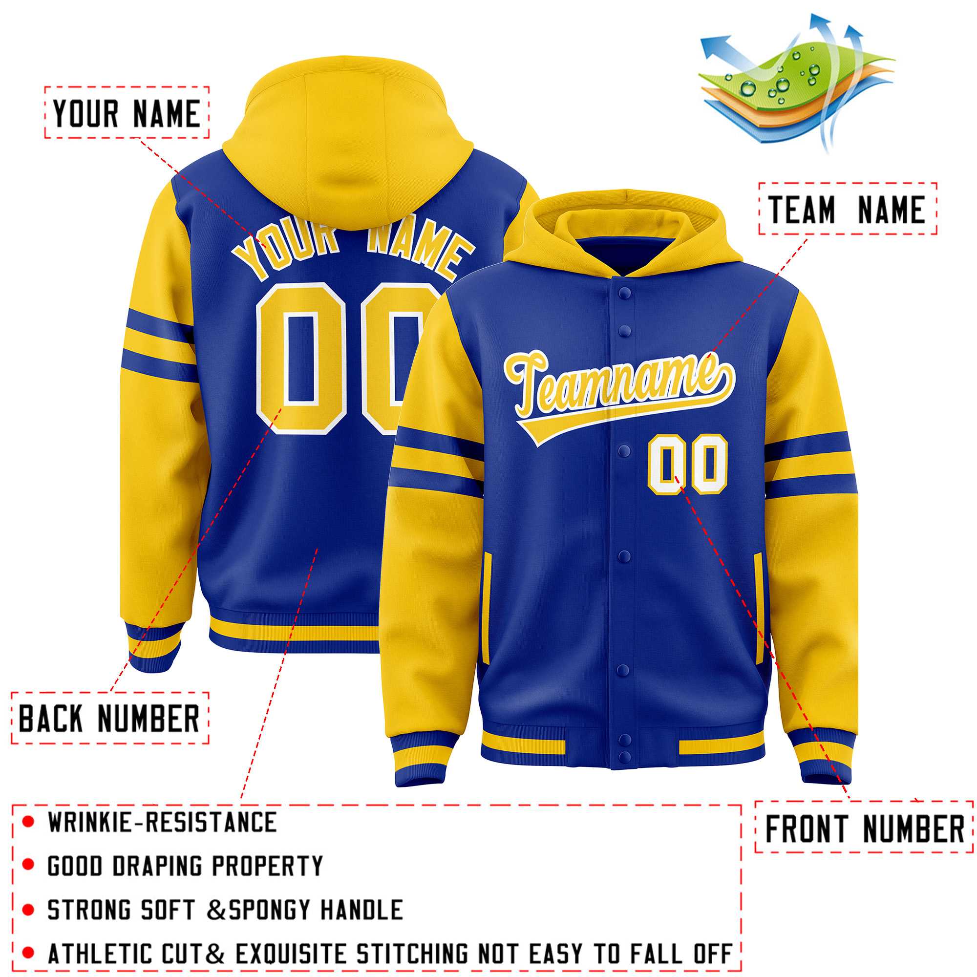 Custom Royal Gold Raglan Sleeves Varsity Full-Snap Letterman Three Stripes Jacket Hoodie| KXKSHOP