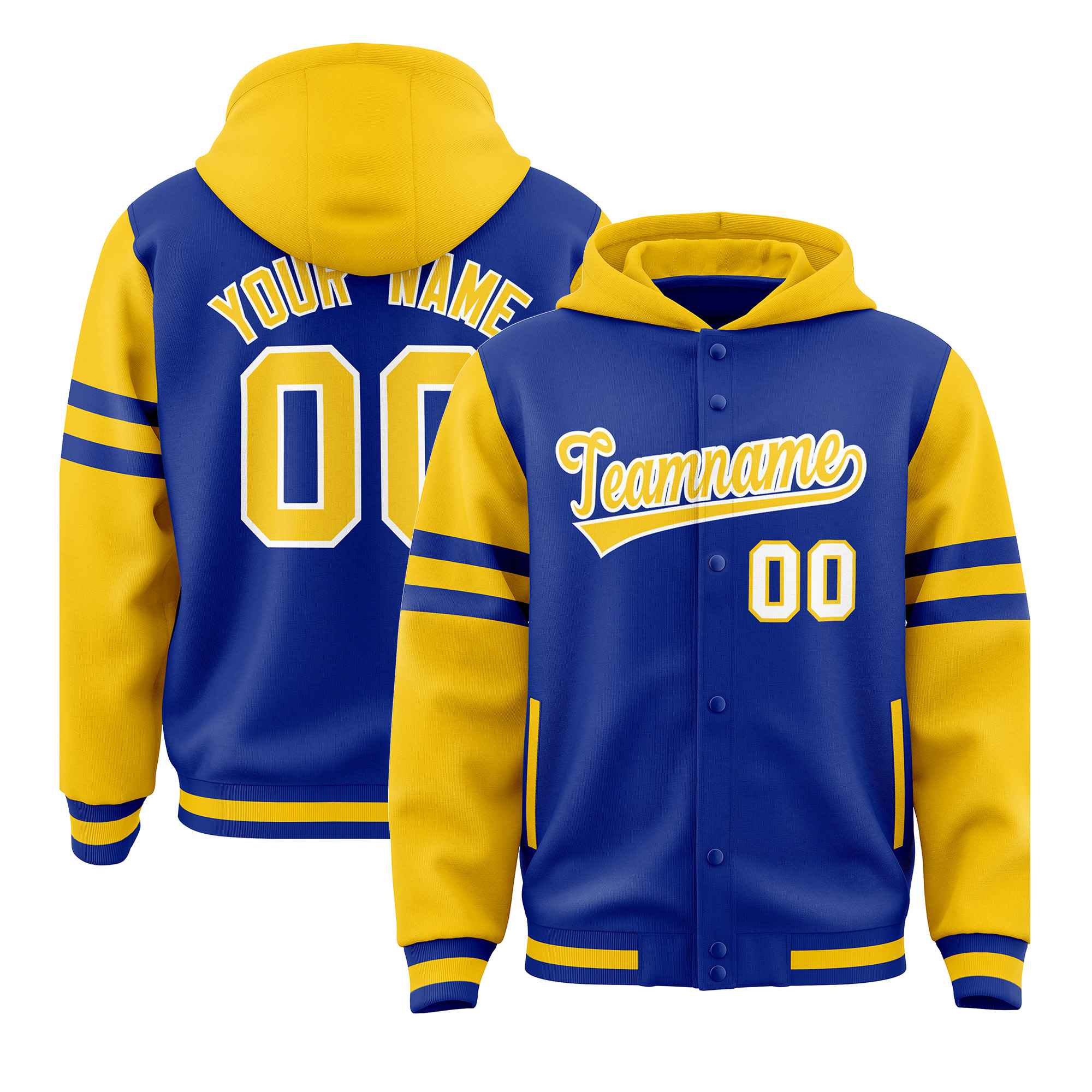 Custom Royal Gold Raglan Sleeves Varsity Full-Snap Letterman Three Stripes Jacket Hoodie| KXKSHOP