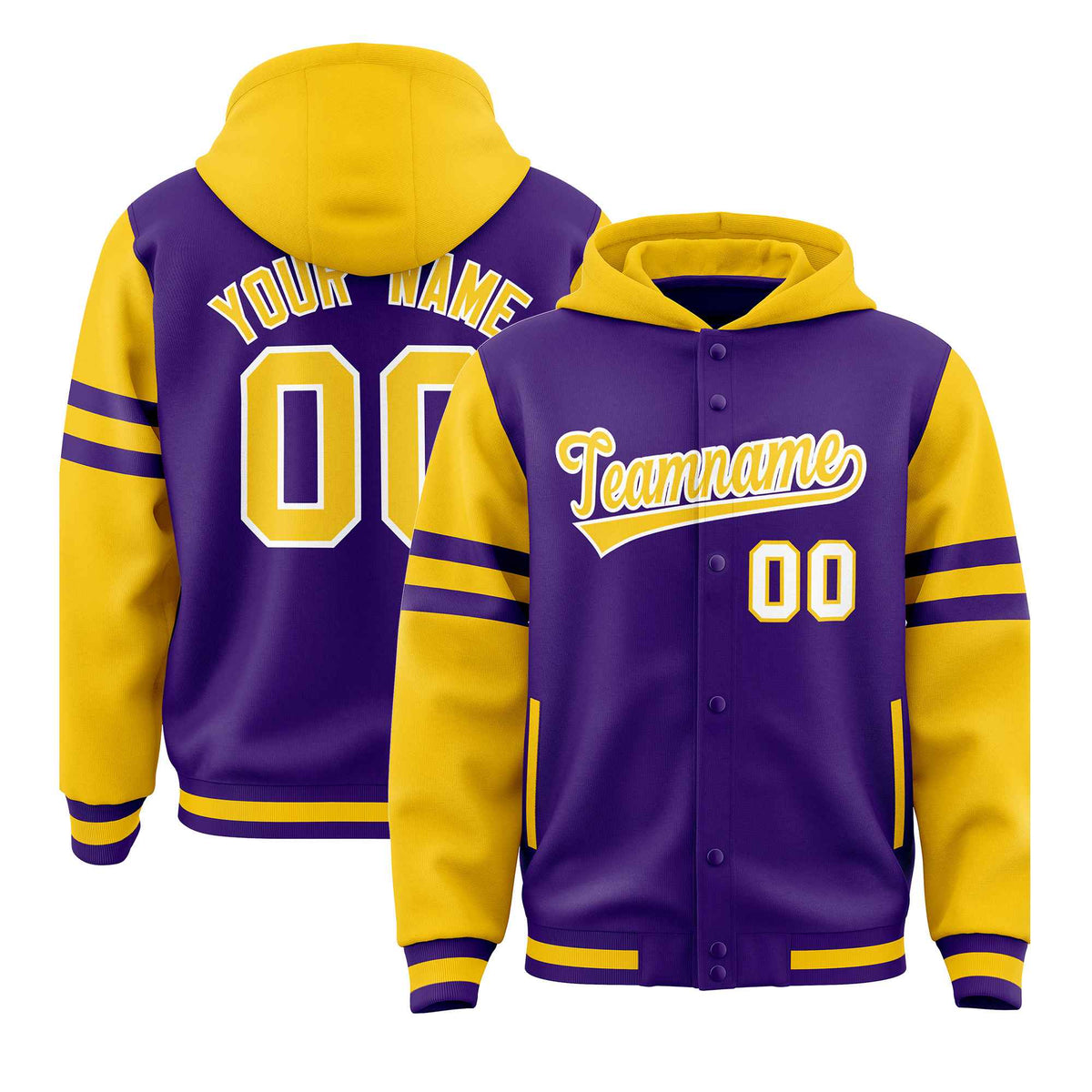 Custom Purple Gold Raglan Sleeves Varsity Full-Snap Letterman Three Stripes Jacket Hoodie| KXKSHOP
