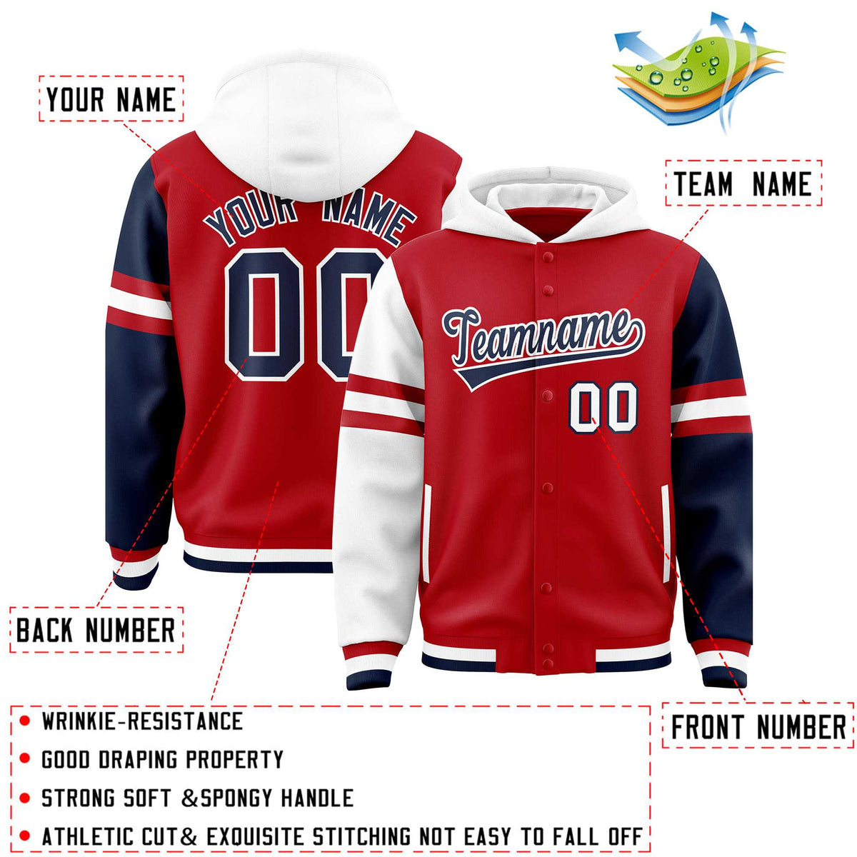 Custom Red White-Navy Raglan Sleeves Varsity Full-Snap Letterman Three Stripes Jacket Hoodie| KXKSHOP