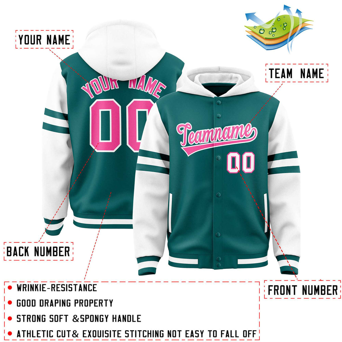 Custom Aqua White Raglan Sleeves Varsity Full-Snap Letterman Three Stripes Jacket Hoodie| KXKSHOP
