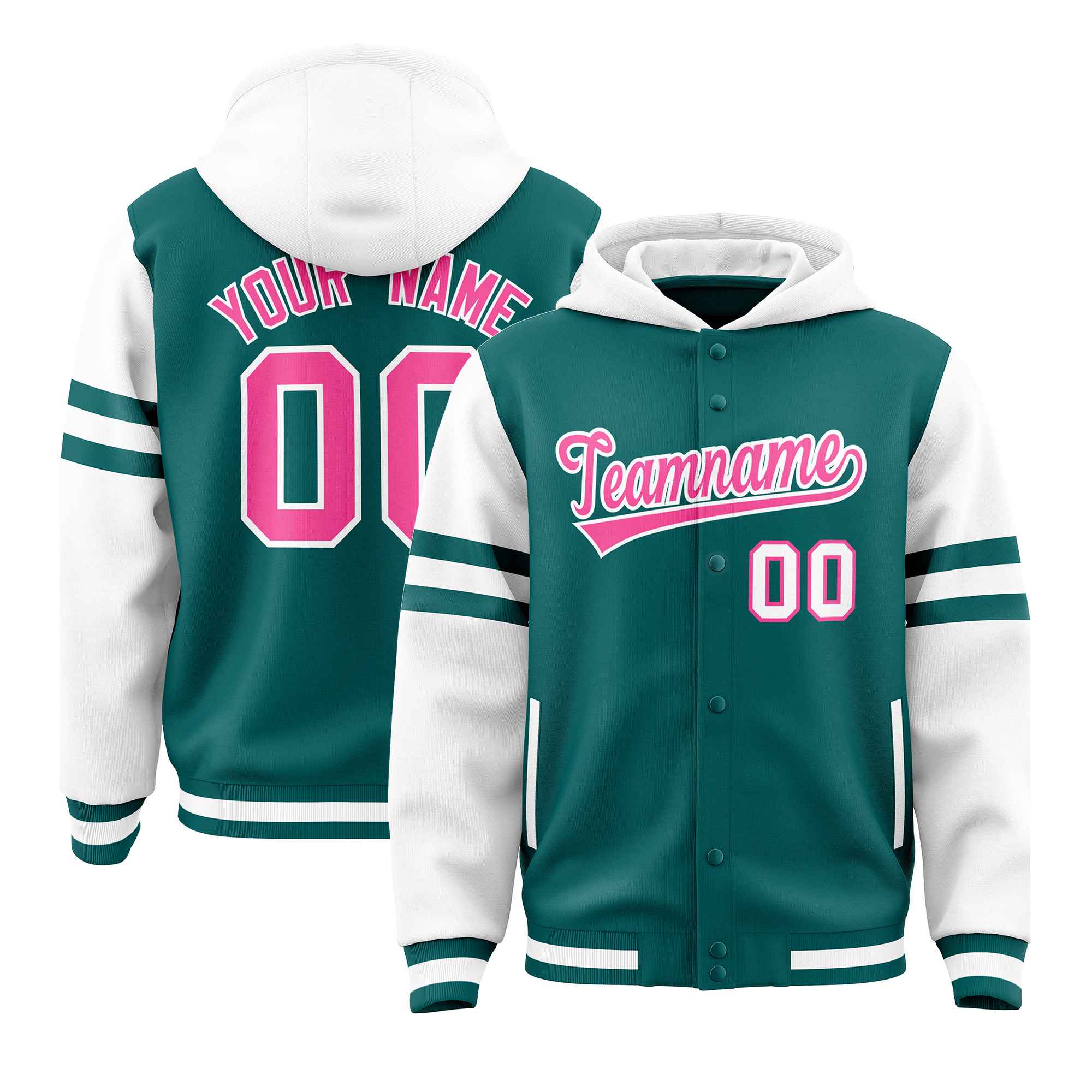 Custom Aqua White Raglan Sleeves Varsity Full-Snap Letterman Three Stripes Jacket Hoodie| KXKSHOP