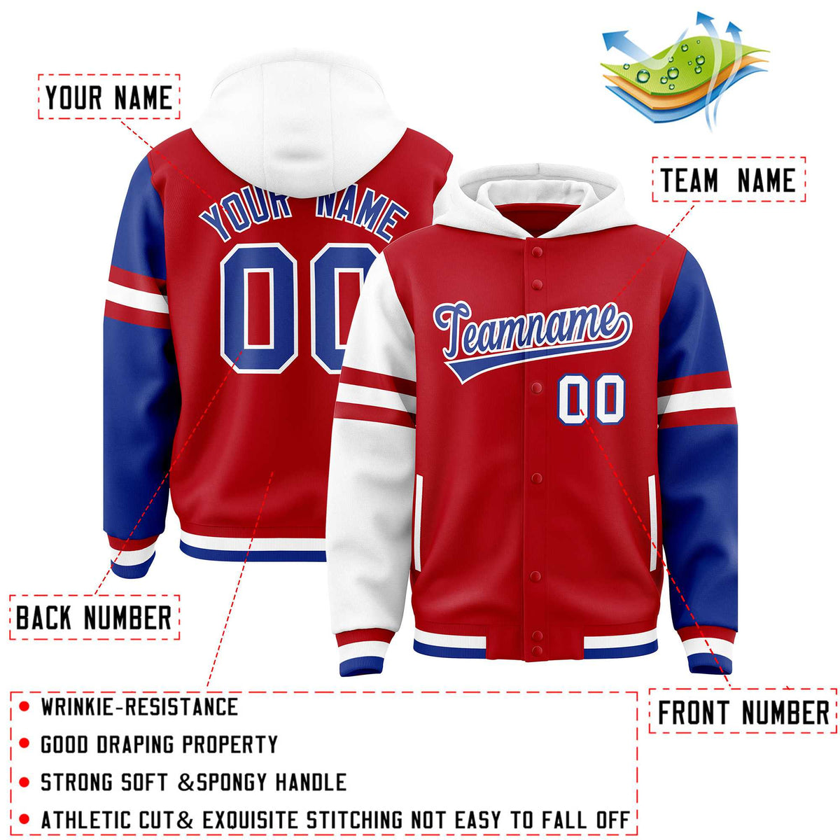 Custom Red White-Royal Raglan Sleeves Varsity Full-Snap Letterman Three Stripes Jacket Hoodie| KXKSHOP