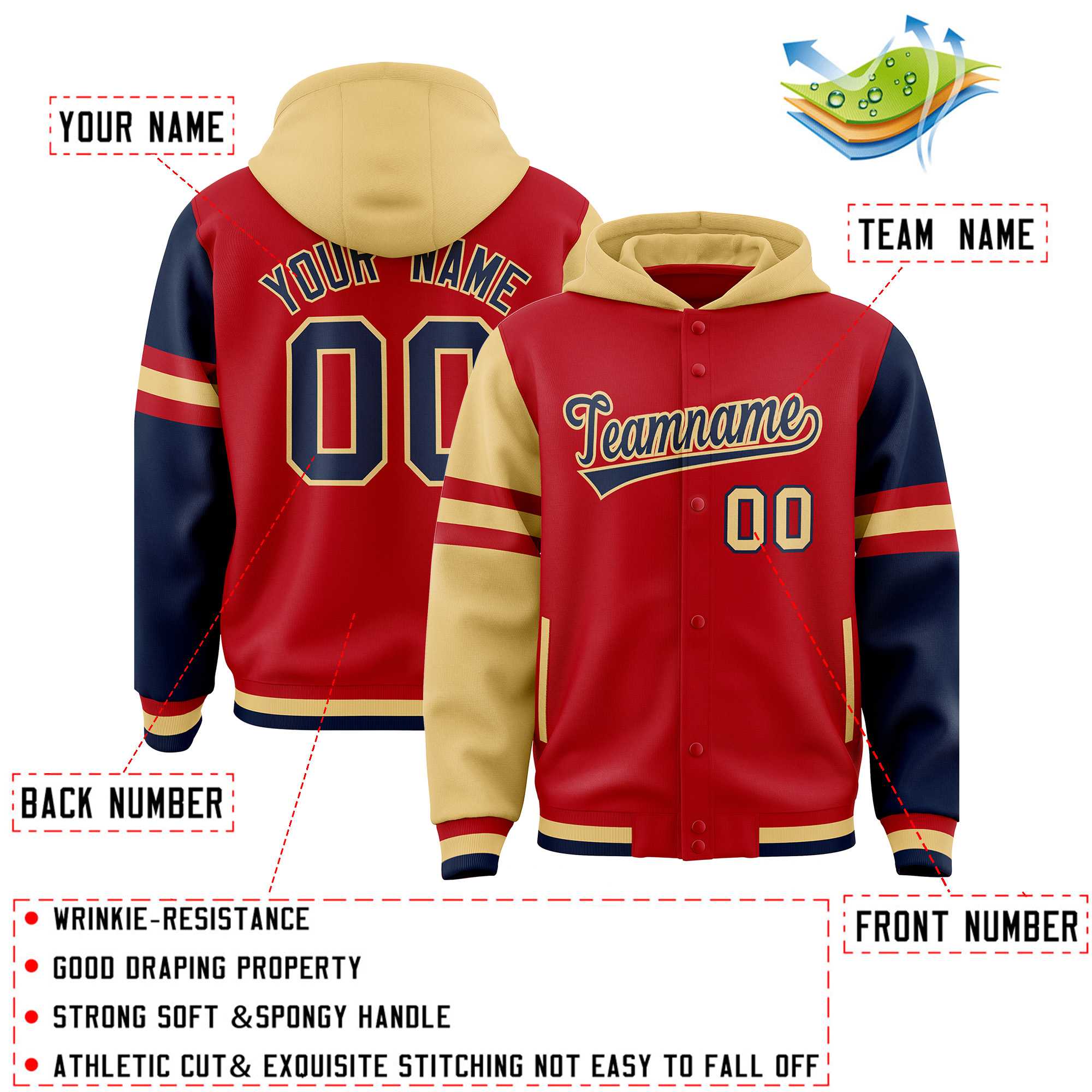 Custom Red Old Gold-Navy Raglan Sleeves Varsity Full-Snap Letterman Three Stripes Jacket Hoodie| KXKSHOP