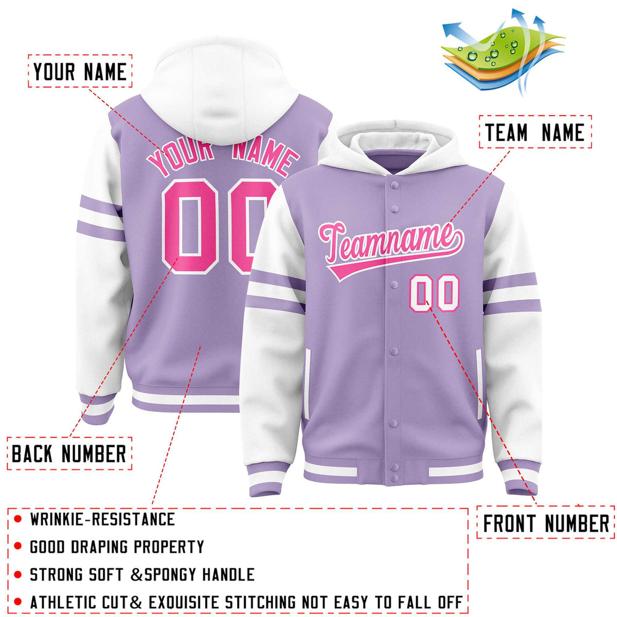 Custom Light Purple White Raglan Sleeves Varsity Full-Snap Letterman Three Stripes Jacket Hoodie| KXKSHOP