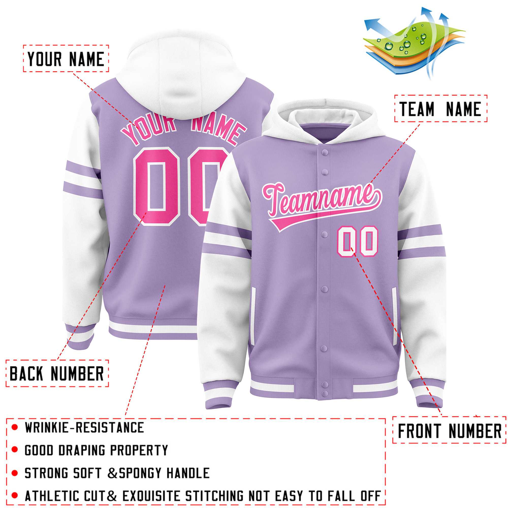 Custom Light Purple White Raglan Sleeves Varsity Full-Snap Letterman Three Stripes Jacket Hoodie| KXKSHOP
