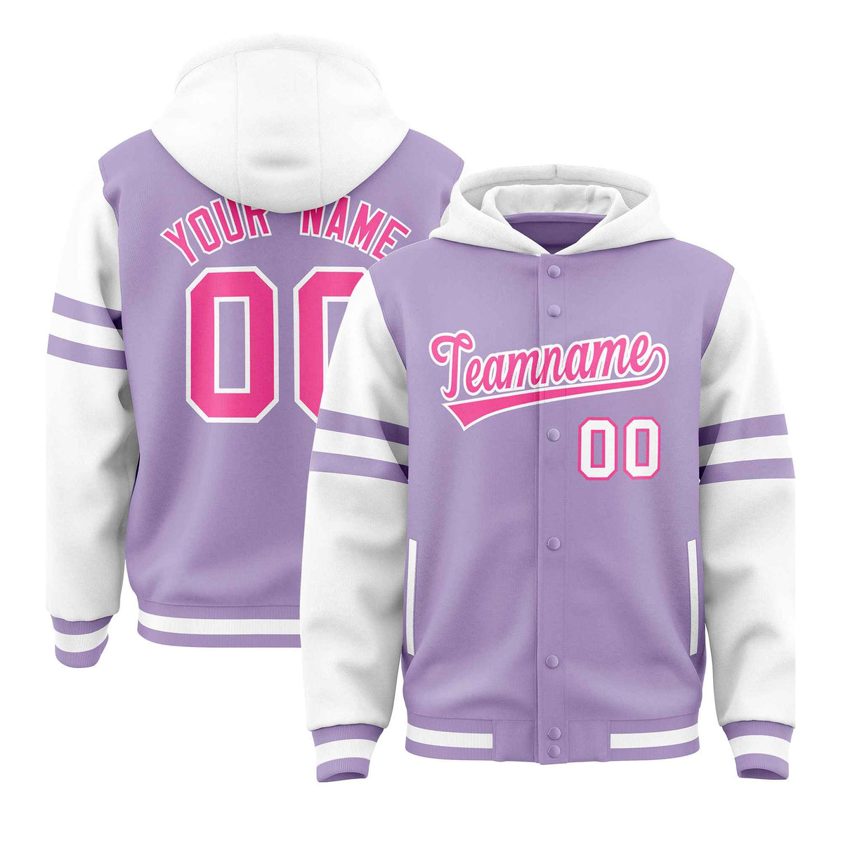 Custom Light Purple White Raglan Sleeves Varsity Full-Snap Letterman Three Stripes Jacket Hoodie| KXKSHOP