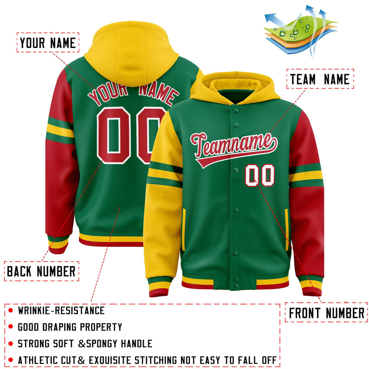 Custom Kelly Green Gold-Red Raglan Sleeves Varsity Full-Snap Letterman Three Stripes Jacket Hoodie| KXKSHOP