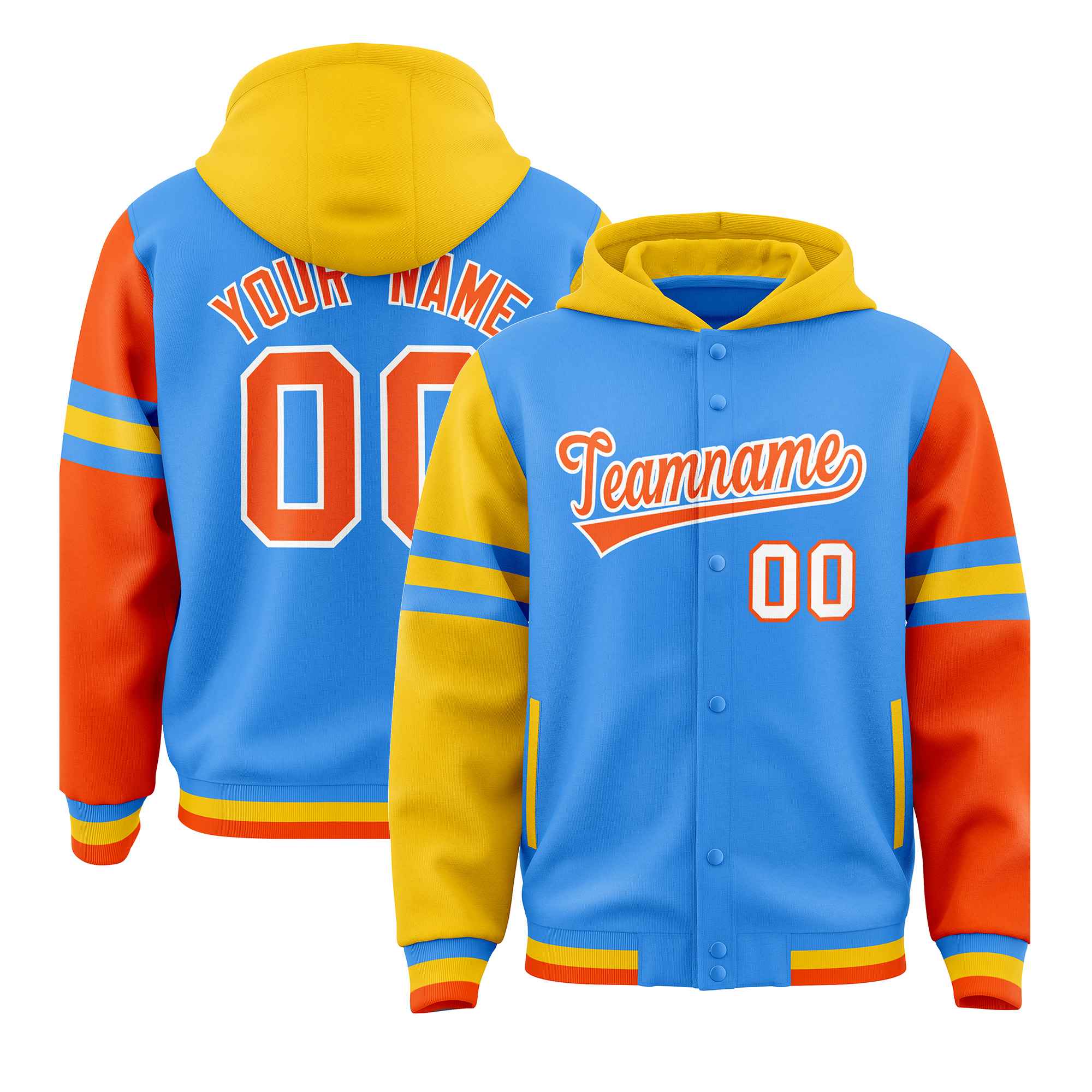 Custom Powder Blue Gold-Orange Raglan Sleeves Varsity Full-Snap Letterman Three Stripes Jacket Hoodie| KXKSHOP