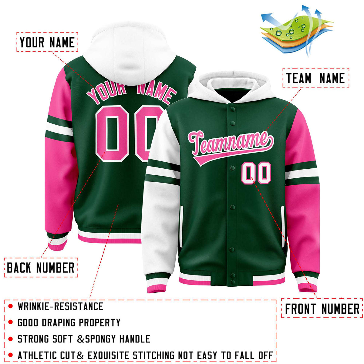 Custom Green White-Pink Raglan Sleeves Varsity Full-Snap Letterman Three Stripes Jacket Hoodie| KXKSHOP