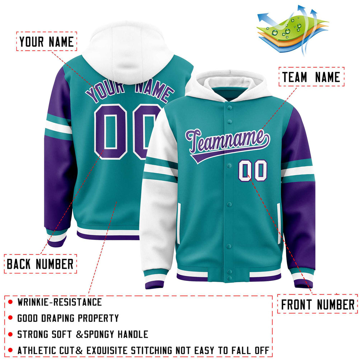 Custom Aqua White-Purple Raglan Sleeves Varsity Full-Snap Letterman Three Stripes Jacket Hoodie| KXKSHOP
