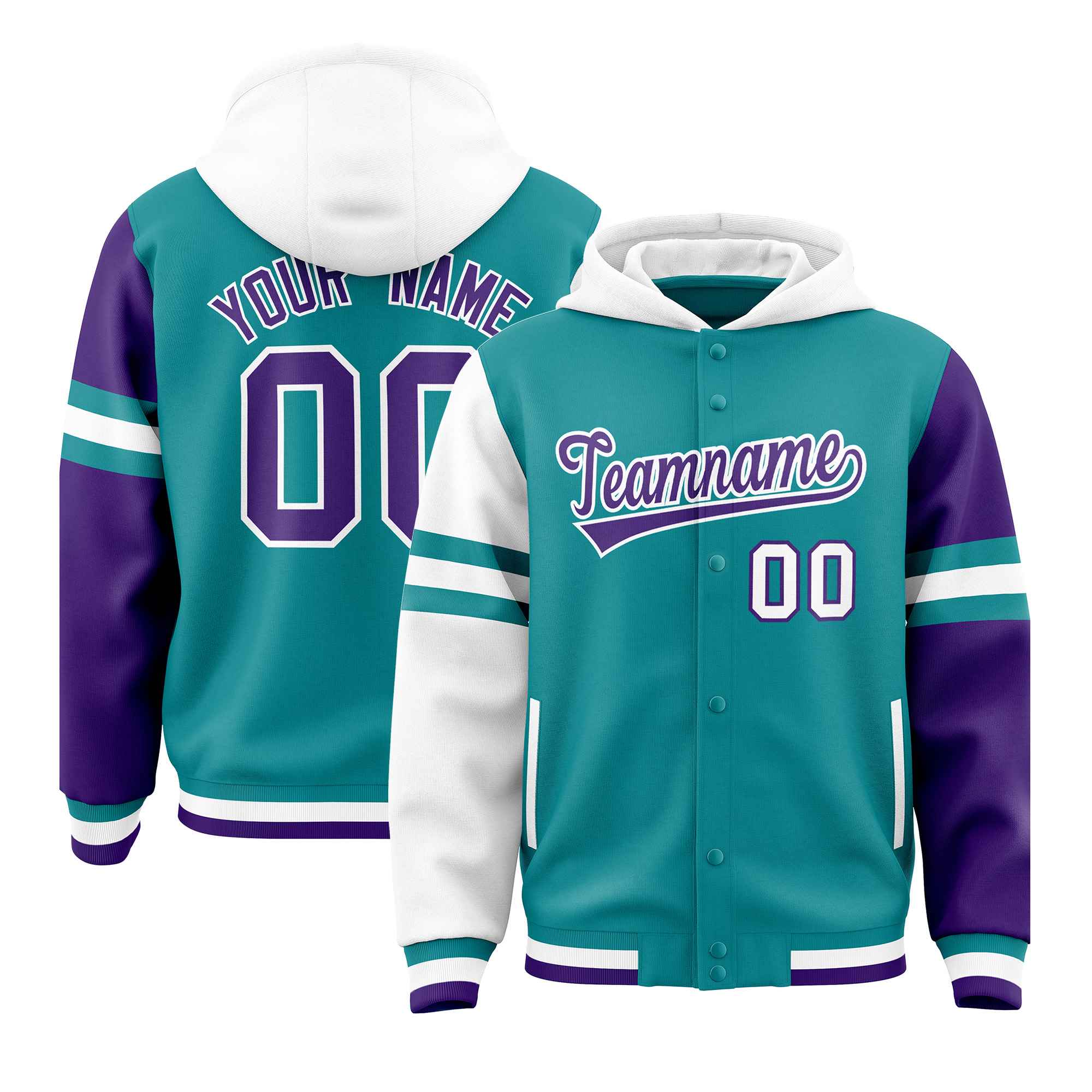Custom Aqua White-Purple Raglan Sleeves Varsity Full-Snap Letterman Three Stripes Jacket Hoodie| KXKSHOP