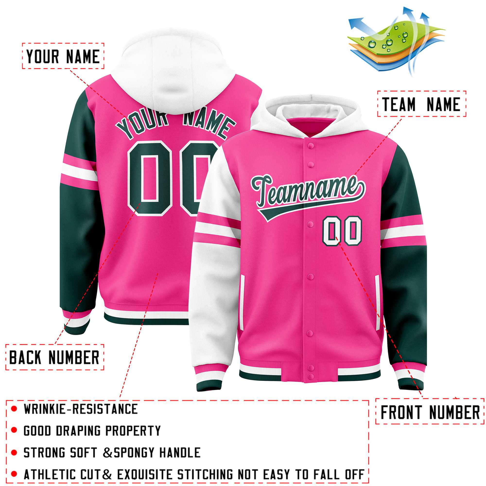 Custom Pink White-Midnight Green Raglan Sleeves Varsity Full-Snap Letterman Three Stripes Jacket Hoodie| KXKSHOP