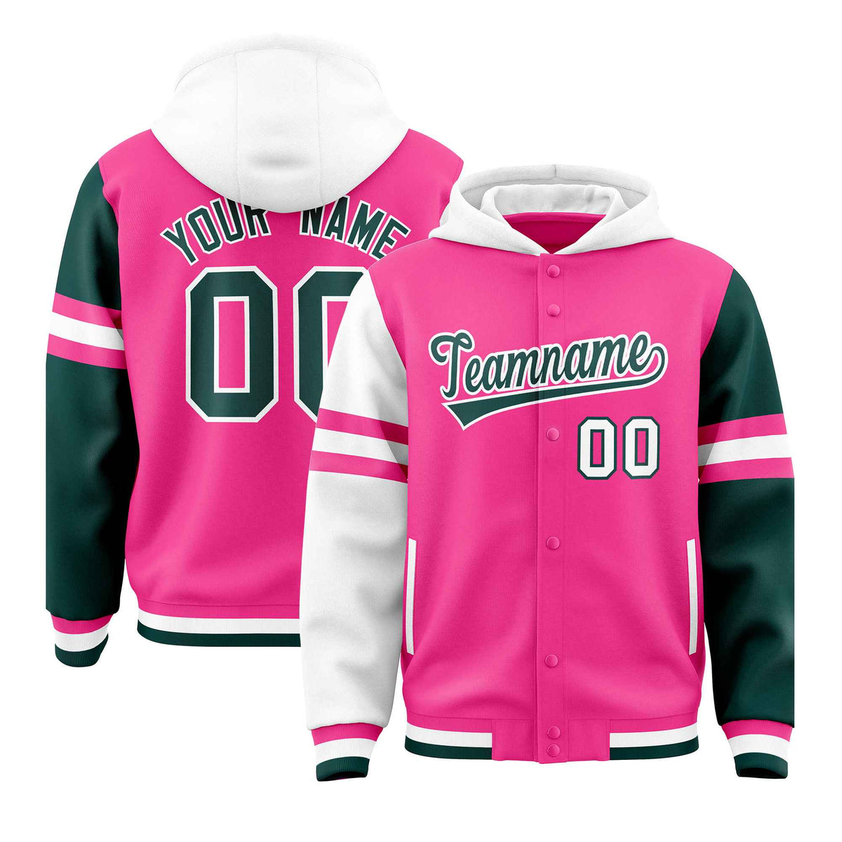 Custom Pink White-Midnight Green Raglan Sleeves Varsity Full-Snap Letterman Three Stripes Jacket Hoodie| KXKSHOP