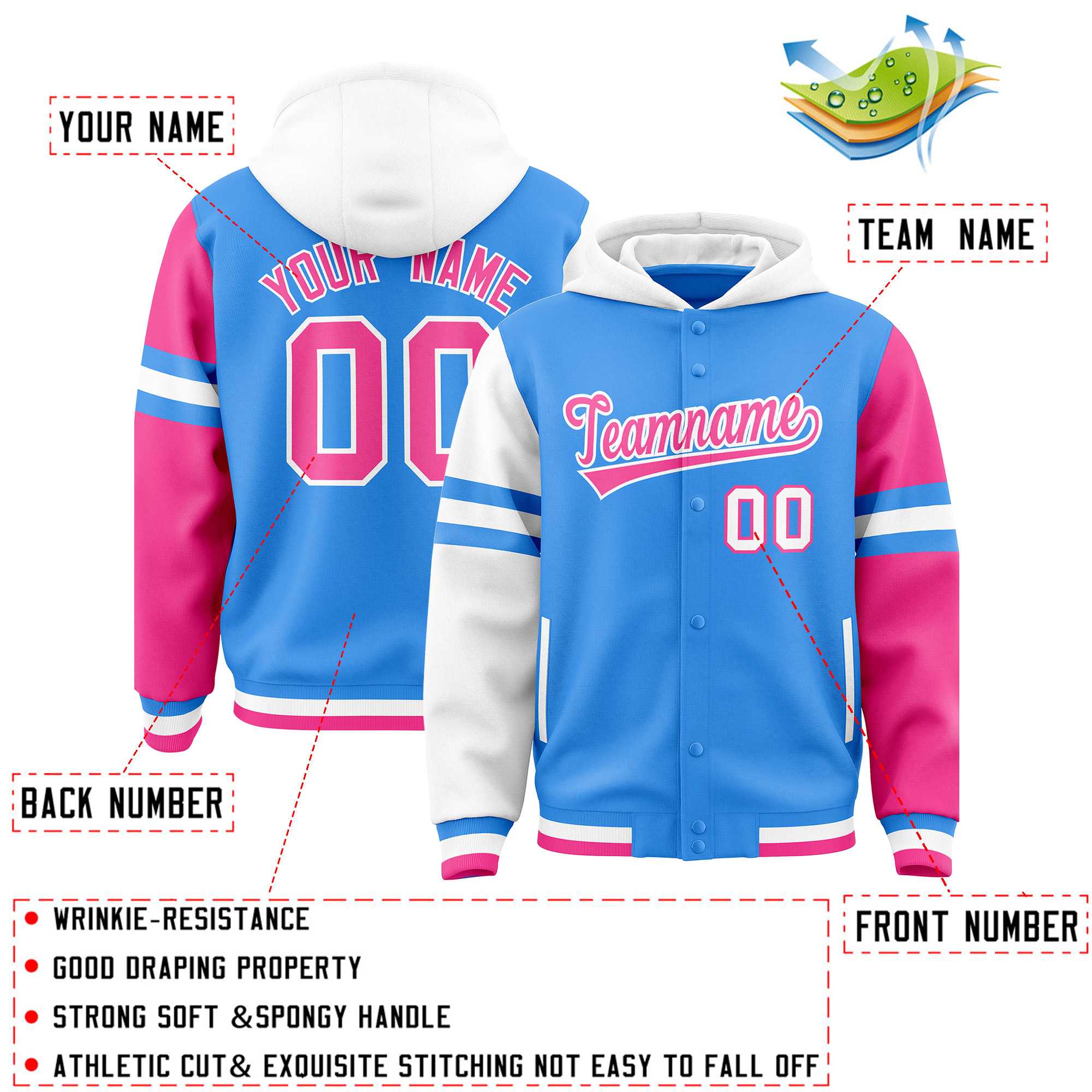 Custom Powder Blue White-Pink Raglan Sleeves Varsity Full-Snap Letterman Three Stripes Jacket Hoodie| KXKSHOP